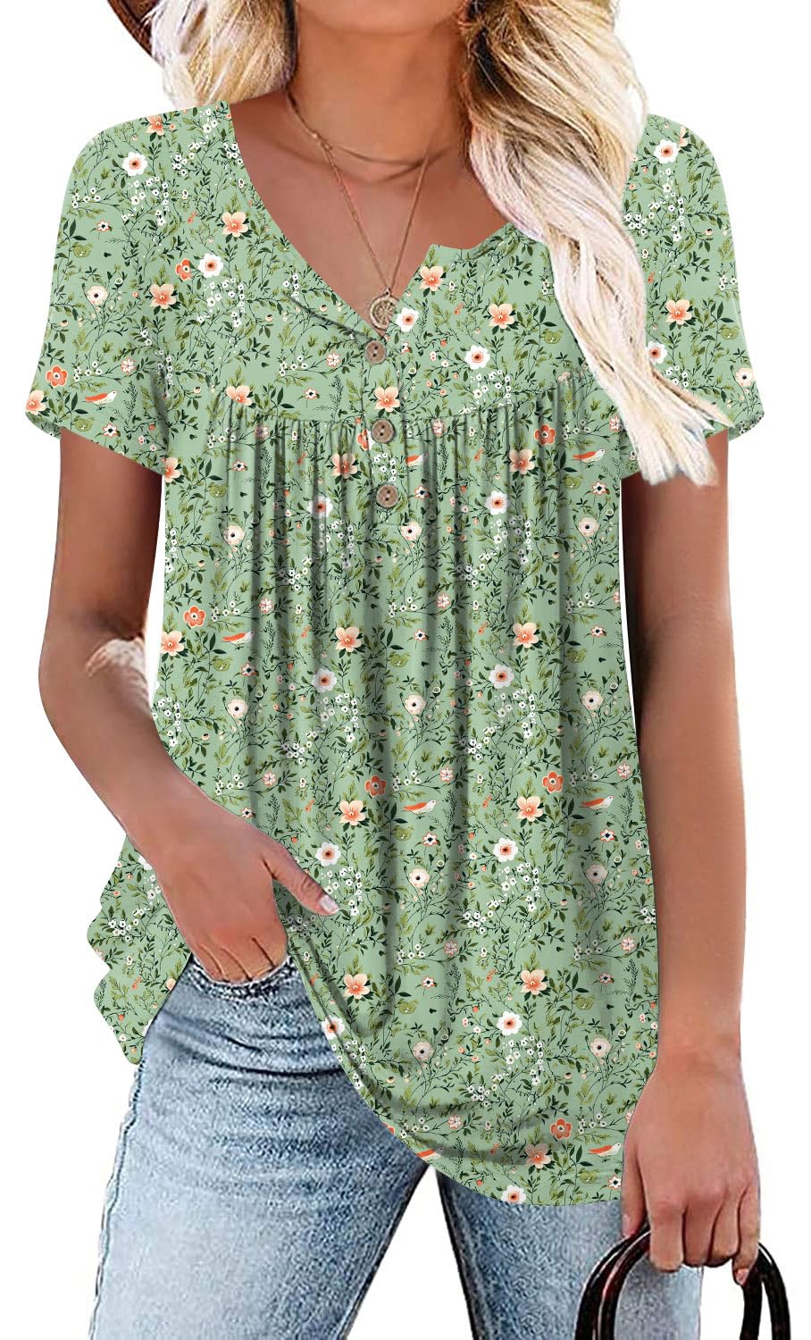 POPYOUNG Women's Summer Tops Short Sleeve Tunic Loose Fitting Blouses Henley Shirts