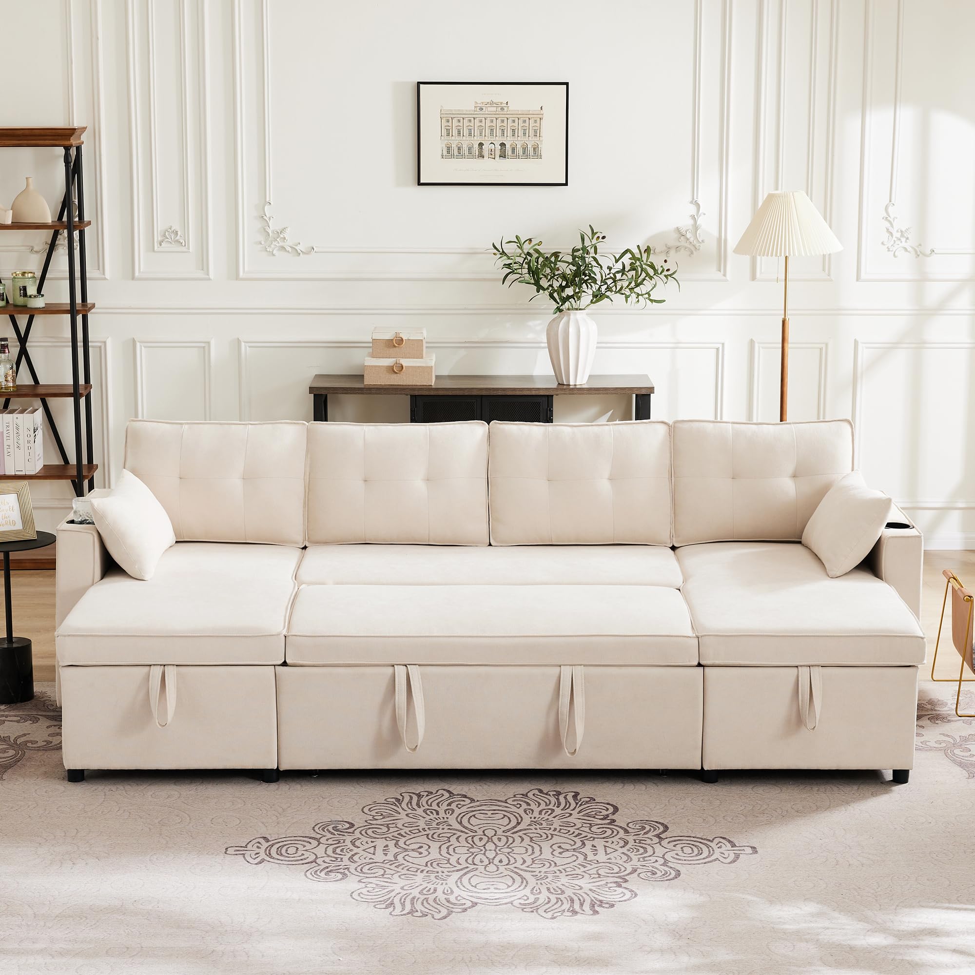 Bladez Divano letto a forma di L con portabevande intercambiabile Chaise Longue moderno soggiorno divano in lino di cotone (beige, 4 posti)