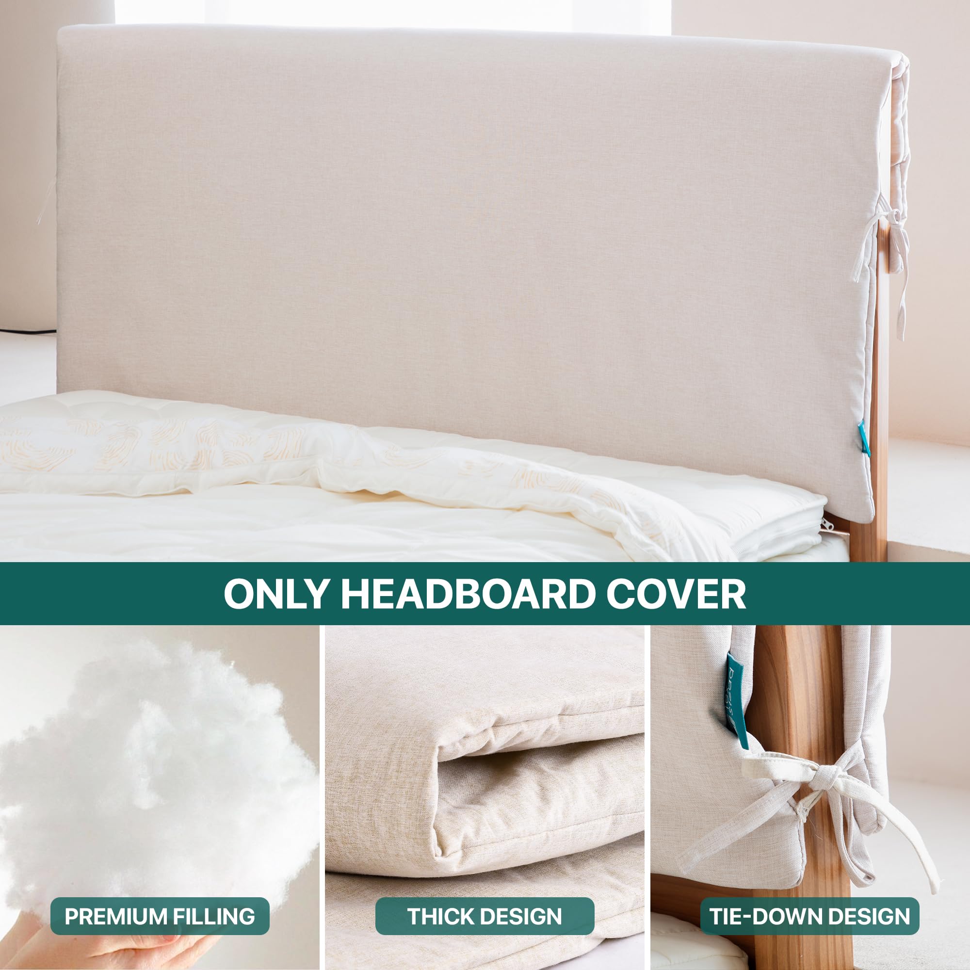 Samt Bettkopfteil Bezug & Betthussen Set mit Bindebändern für Bett, Staubdicht Betthaupt Bezug mit Bindebändern, Rundumschutz für Holz/Leder Bett, Waschbar Beige, 170cm