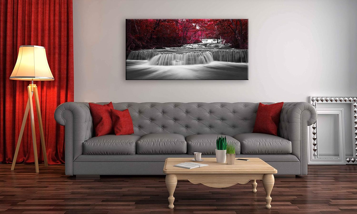 LeeWallArt Waterfall Living Room, Lee Red Wood on Black and White Water, Waterfall & Leaf Nature Landscape Outdoor Canvas Prints Picture, Forest Paintings Decor (Waterproof Artwork, 30x60)