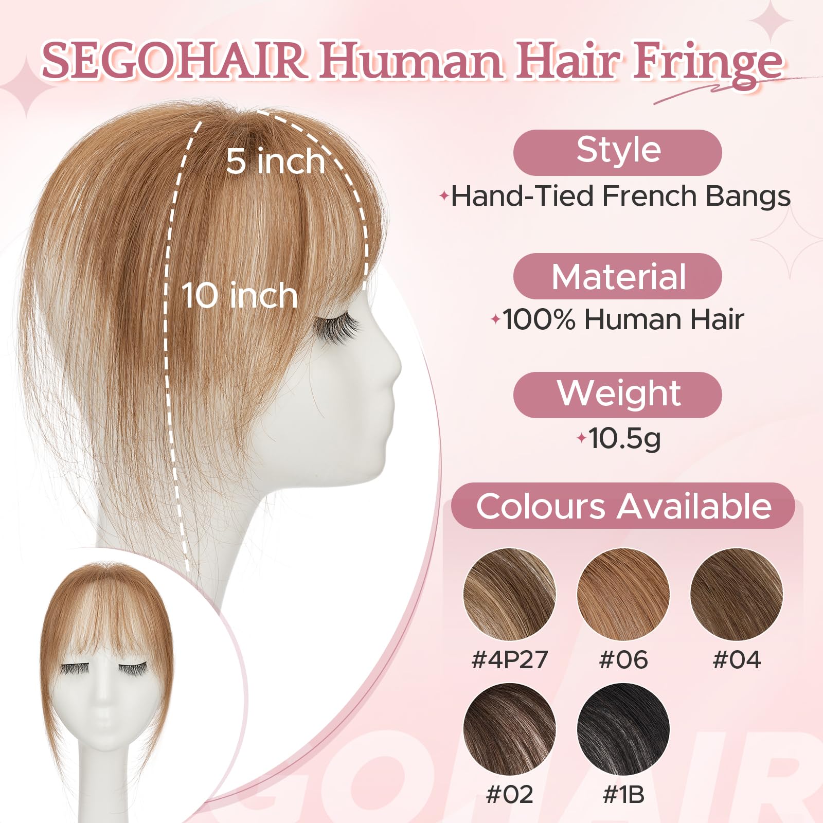Clip in Pony Echthaar 100% Remy Haar, Luftiger Französischer Pony für Lichte Schläfen, Natürliche Haarteile Echthaar Handgeknotet für Damen #6 Hellbraun
