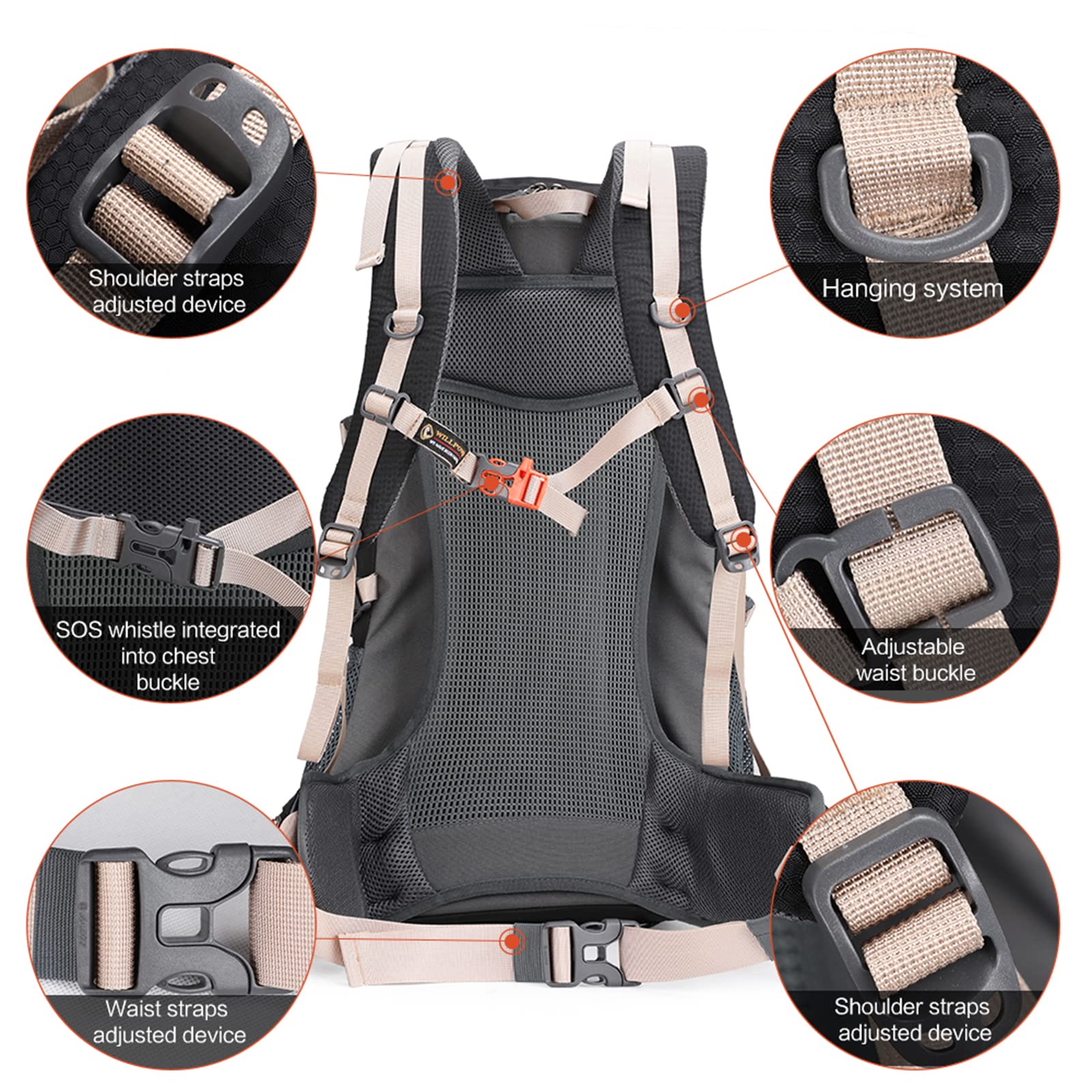 Aoking Sac à dos pour la randonnée/escalade,éléments standards :panneau en maille amovible,imperméable,sifflet SOS,housse de pluie,options :poche à eau 2 litres,sacs de couchage