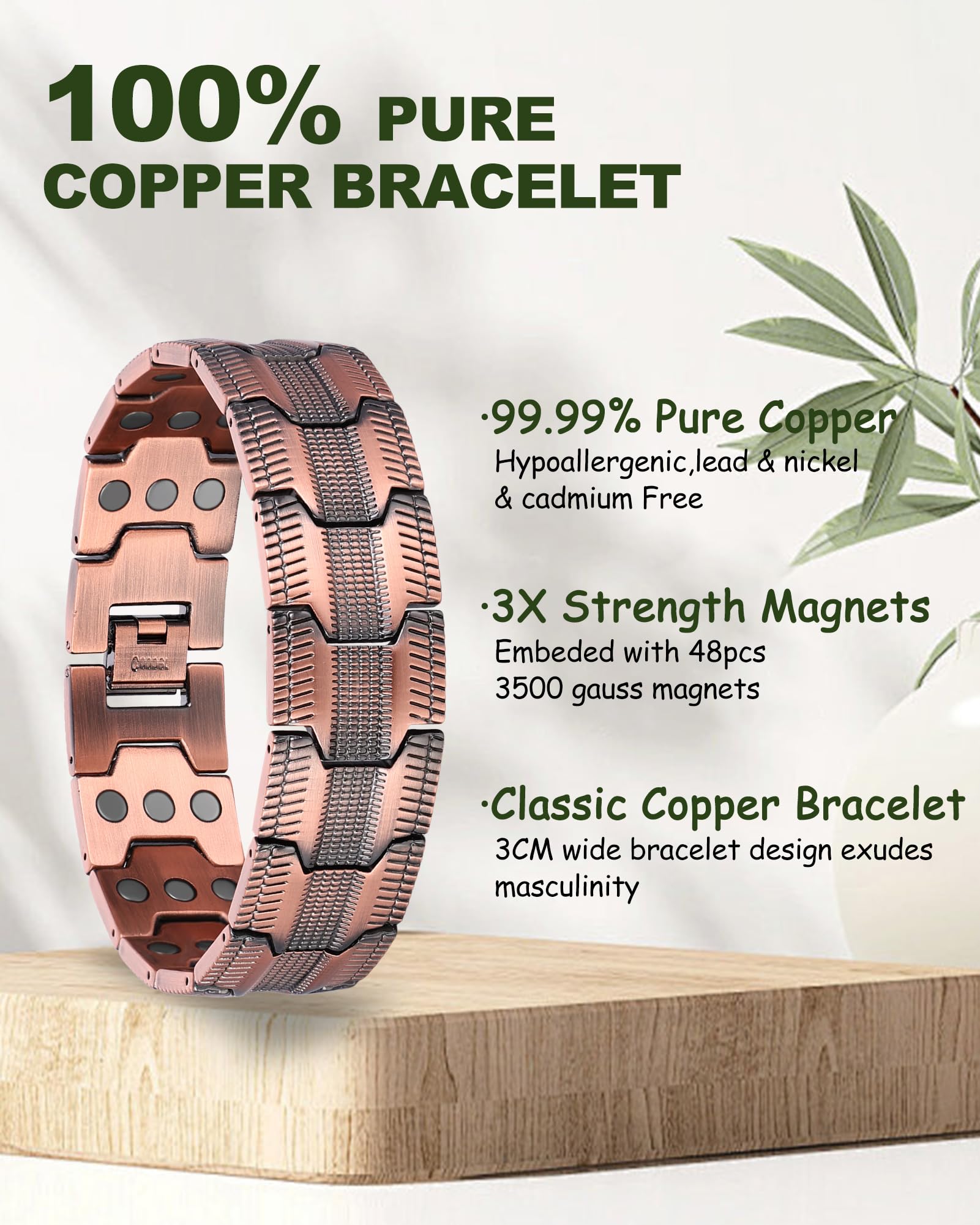 MagEnergy Bracelet en cuivre pour homme - Trois aimants ultra puissants - Design masculin - Bracelet magnétique en cuivre pur - Longueur réglable avec outil de réglage de la taille, Eine Grösse