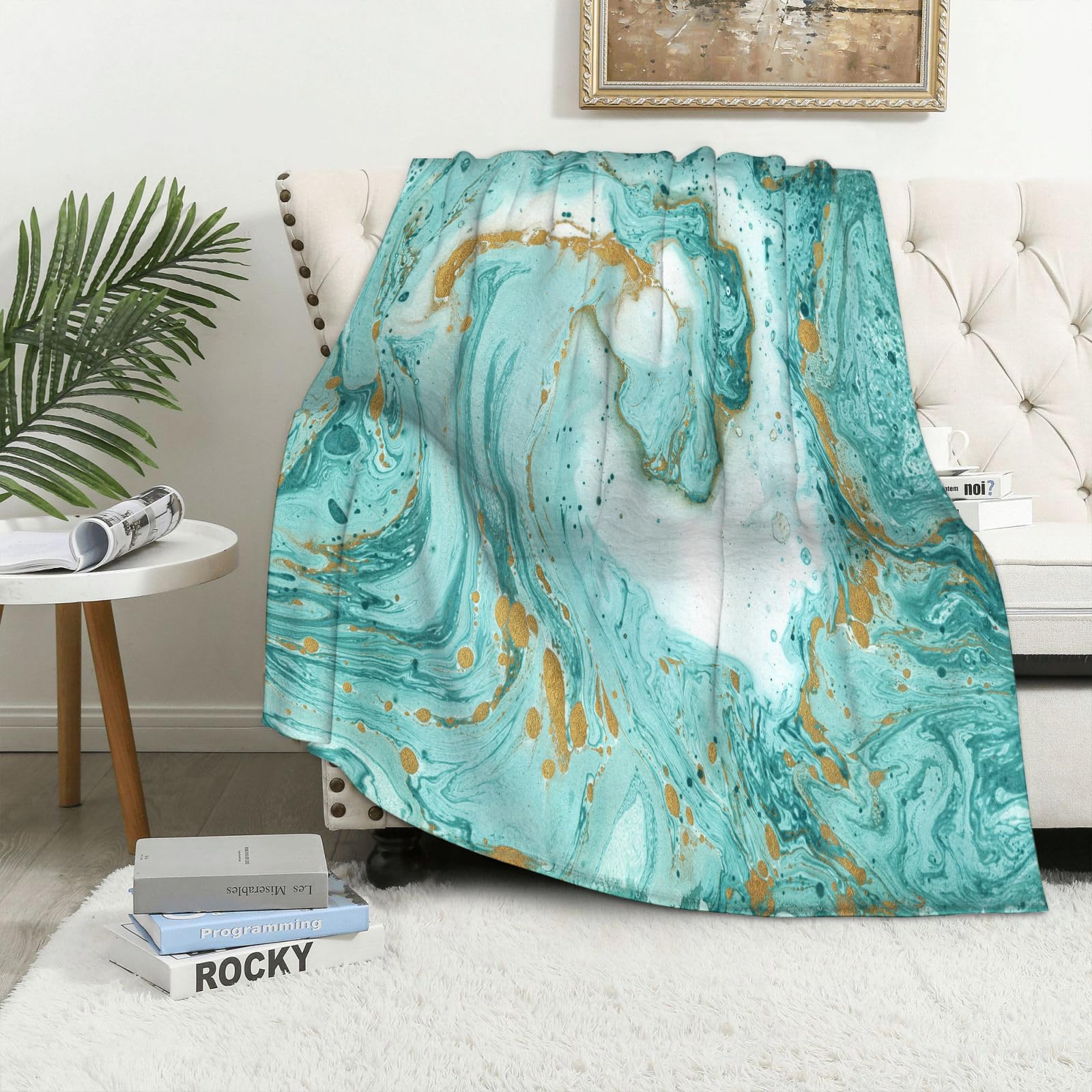 Maapchp Marble Turquoise And Gold Colors On A White - A3 Flannel Fleece Blanket Throws For Sofa Fluffy Blanket Bed Throw For Bedroom Marble Turquoise And Gold Colors On A White Paper Blanket For Bed, Couch,Car 40X50in