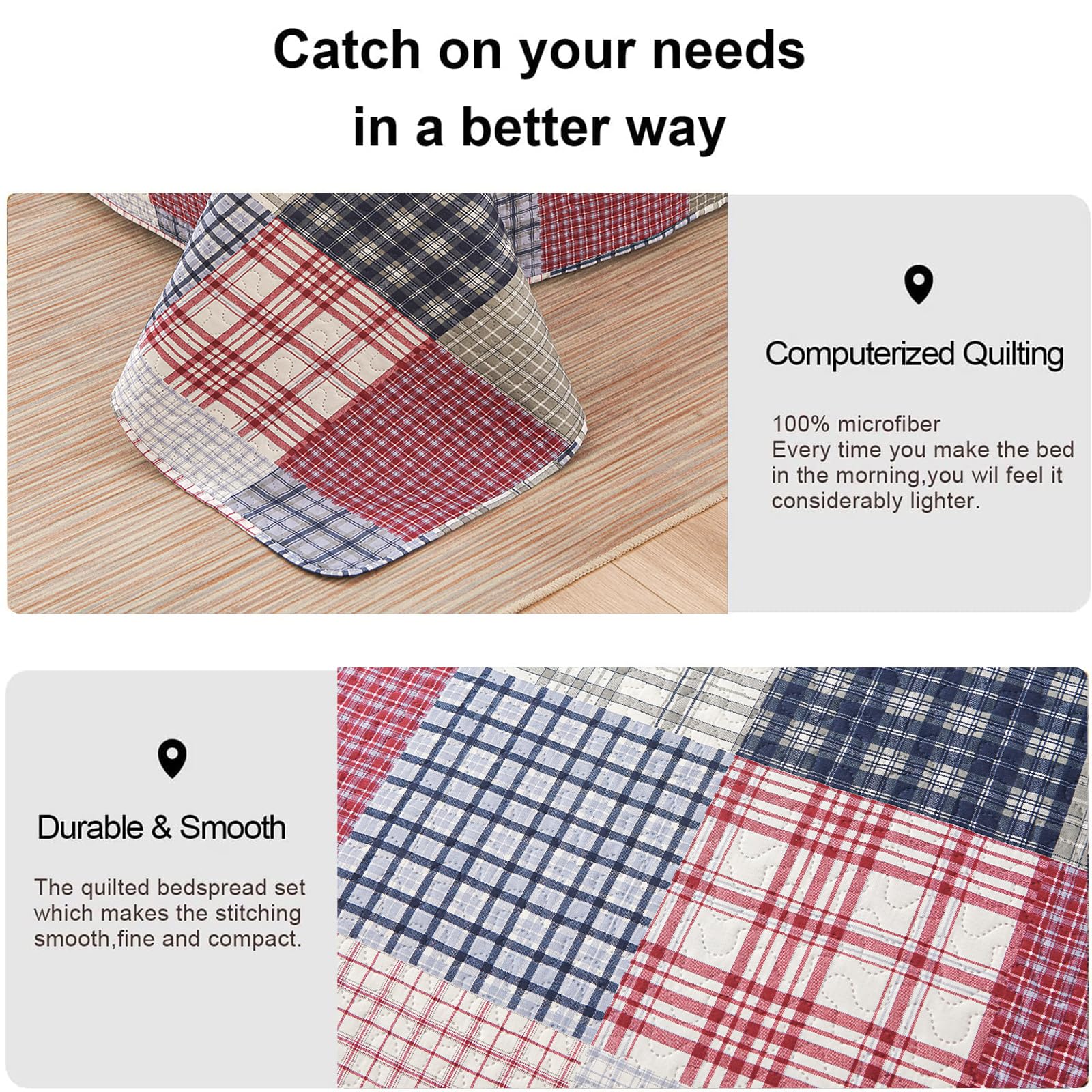 Plaid Quilt Set Queen Size Bedspread Coverlet Plaid Patchwork Quilt Set Bedding Boys Mens Red Blue White Plaid Bedspread Lightweight Reversible Quilt Bedspread Soft Microfibers Quilt Set All Season