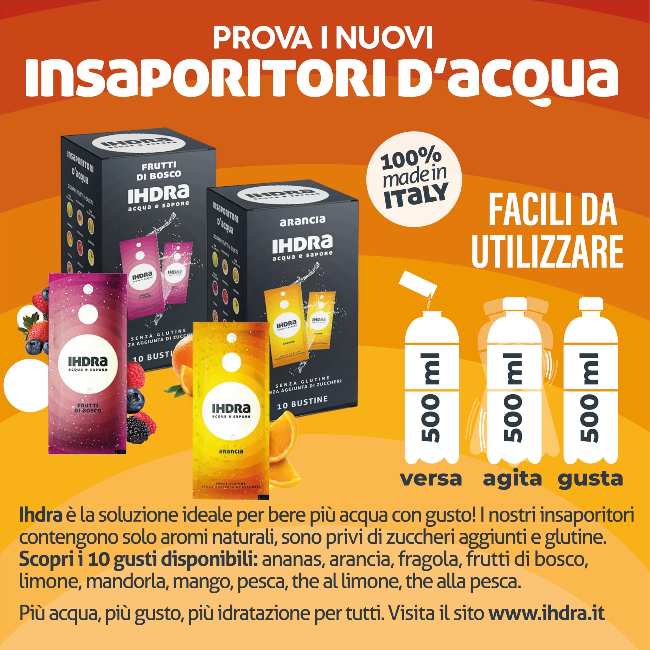 IHDRA – Insaporitore per Acqua 100% Naturale | Senza Zuccheri, Senza Glutine | Estratti di Frutta e Piante | 1 Bustina Da 1,6g Per 0,5L | (1.6 g (Dispenser 300), Gusti Misti (300 bustine))
