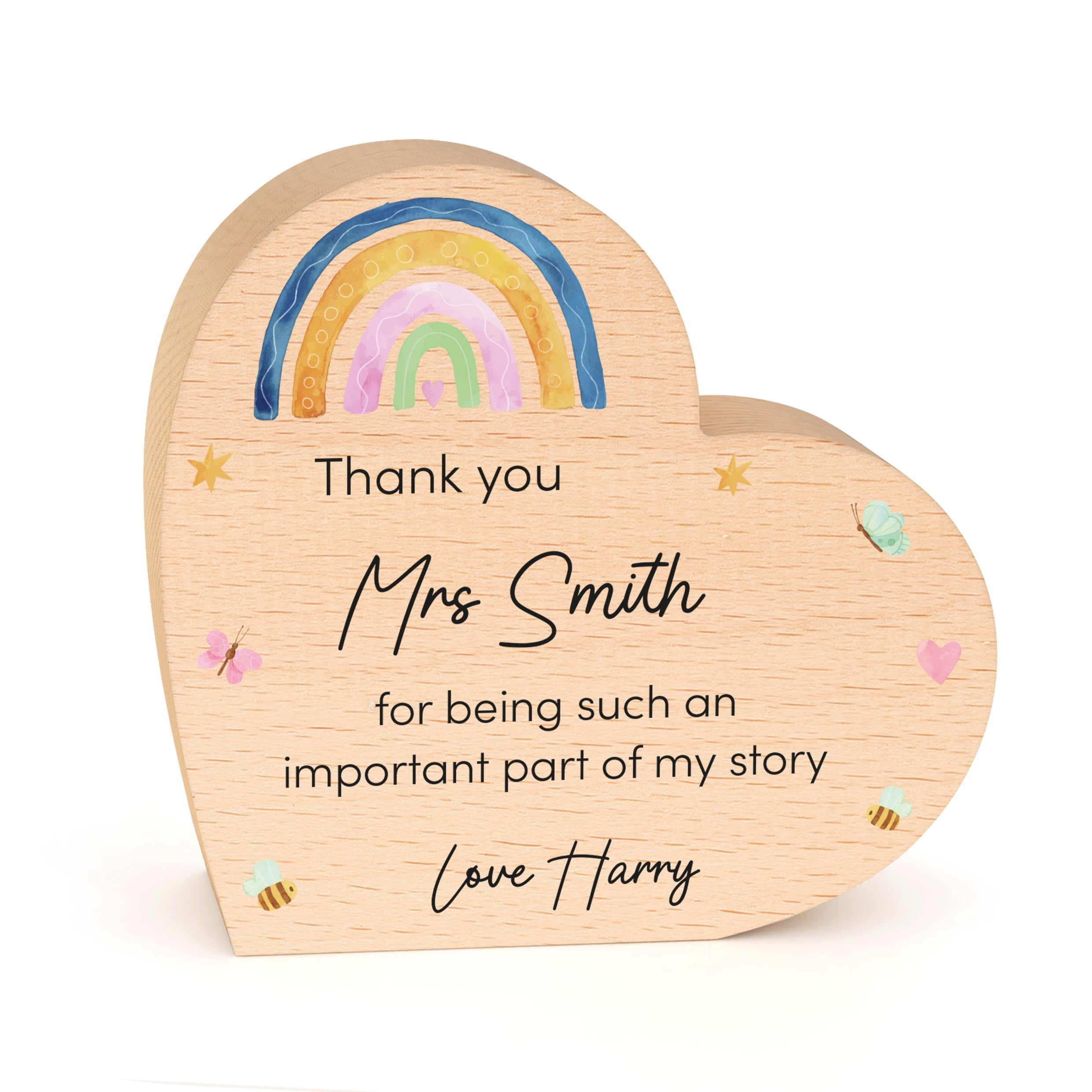 Beecreative Personalised Teacher Appreciation Gift - Custom Beech Wood Heart - Rainbow Nursery Thank You Gift - With Grey Gift Bag
