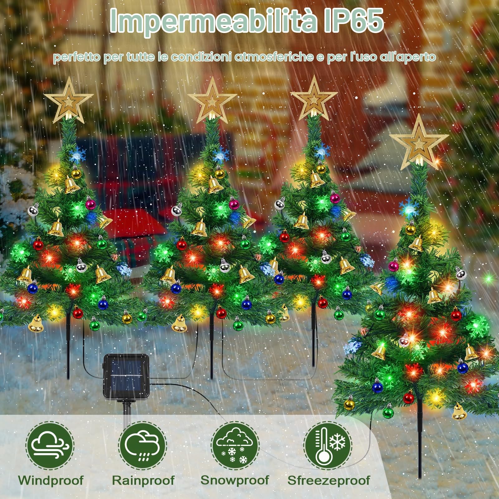 Albero di Natale con Luce Solare, 4 Pezzi Luci Solari Albero con 80 LED Fiocco di Neve Catena Luminosa, Stella di Natale per Albero, Lampade Solari Natalizie Decorazioni per Giardino Esterno Patio