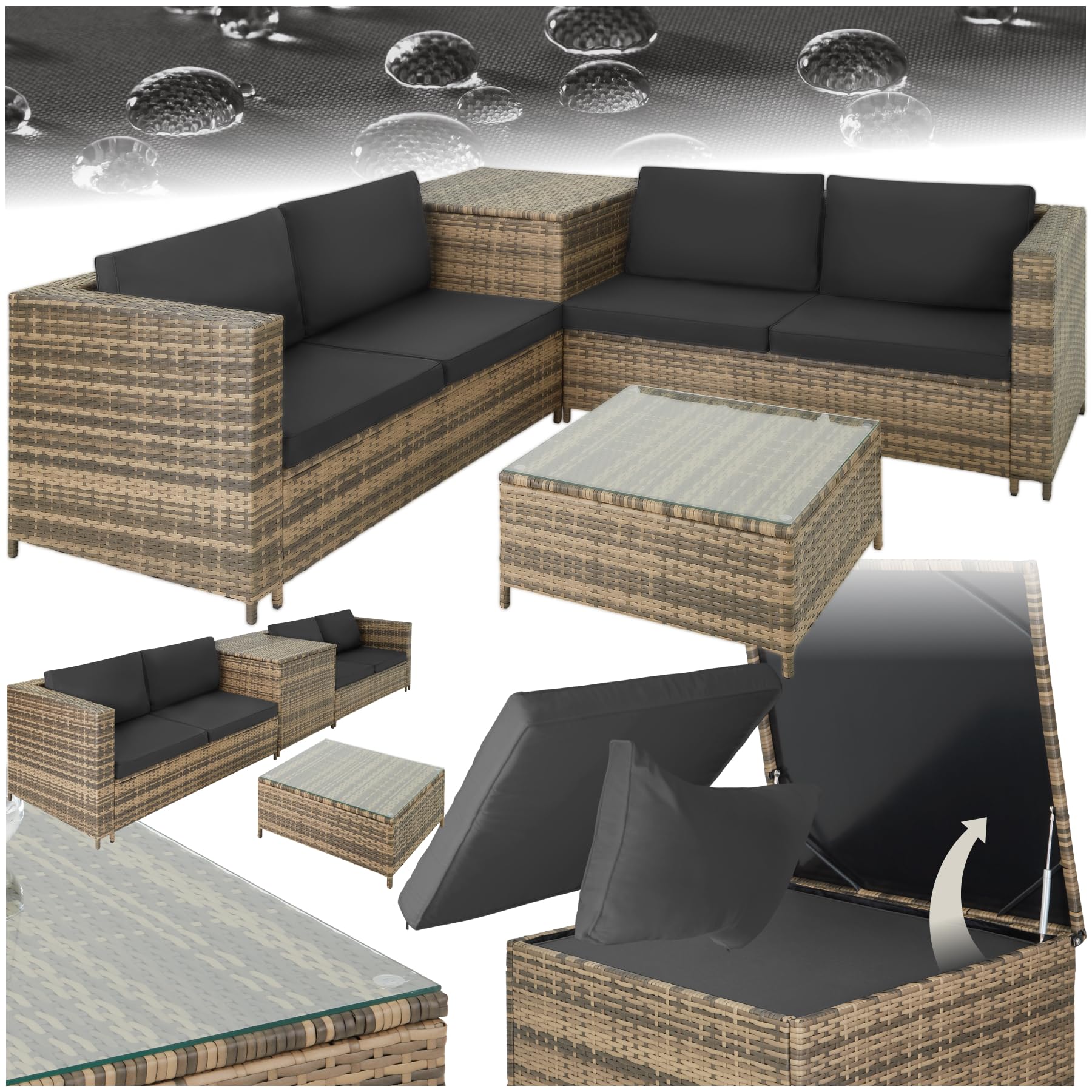 TecTake® Conjunto Jardín de Ratán Combinable con Cojines de Grosor 8 cm, Conjunto Terraza en Acero y Resistente a la Intemperie, Muebles Jardín Exterior 2 Sofás, 1 Mesa, 1 Caja - Natural/​Gris