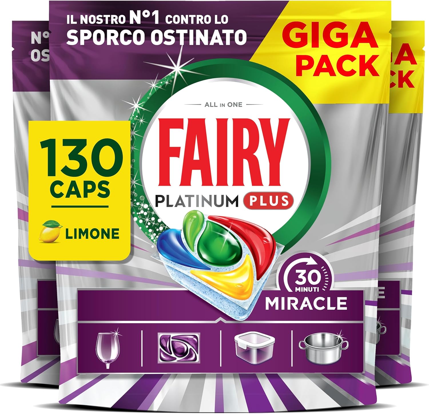 Fairy 30 Minuti Miracle Detersivo Pastiglie Lavastoviglie, 130 Capsule, Limone, Il Nostro N.1 Contro Lo Sporco Ostinato, Potente Anche Nei Cicli Brevi, Mega Pack
