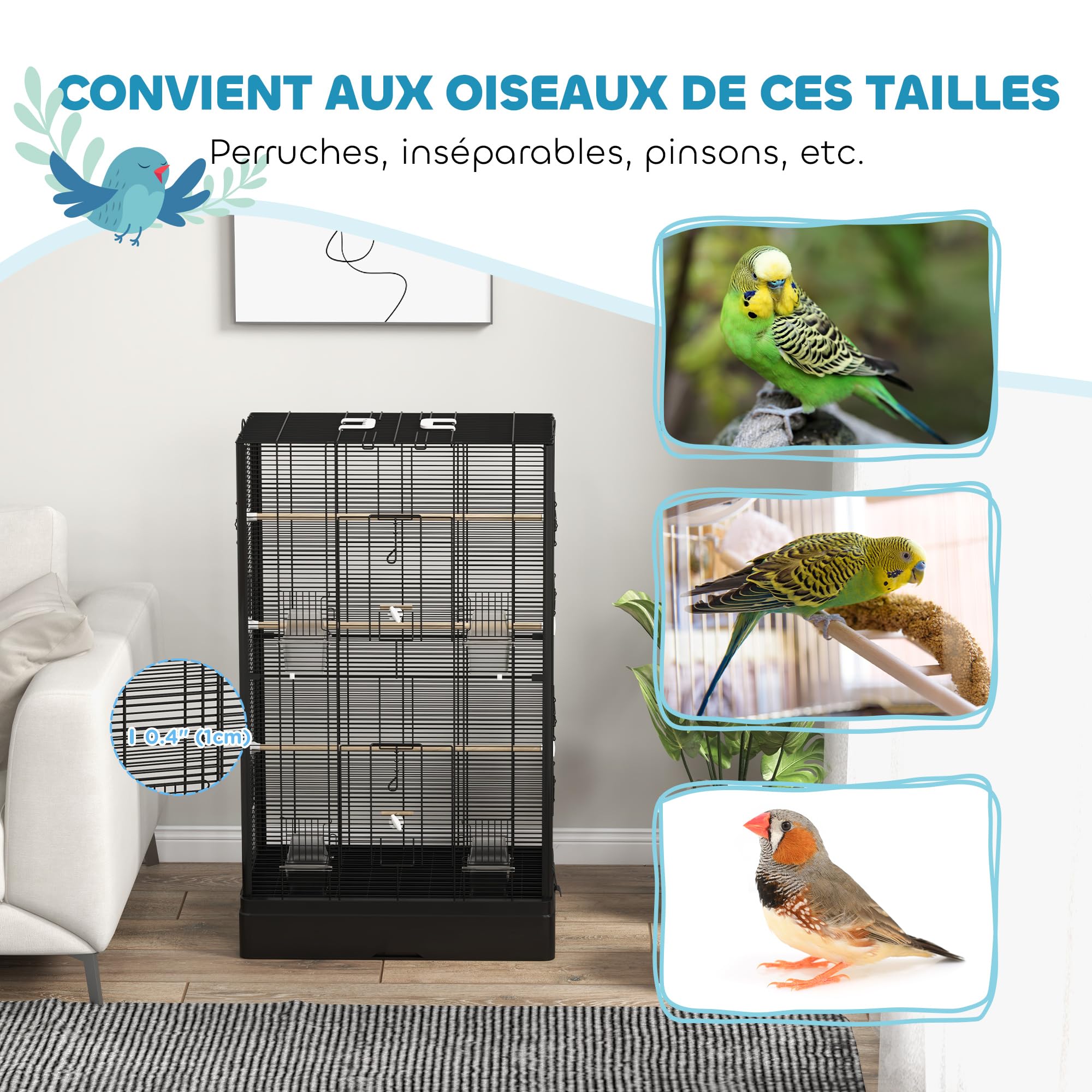 PawHut Cage à Oiseaux Volière avec Portes Perchoirs 61 x 36,5 x 98 cm Noir