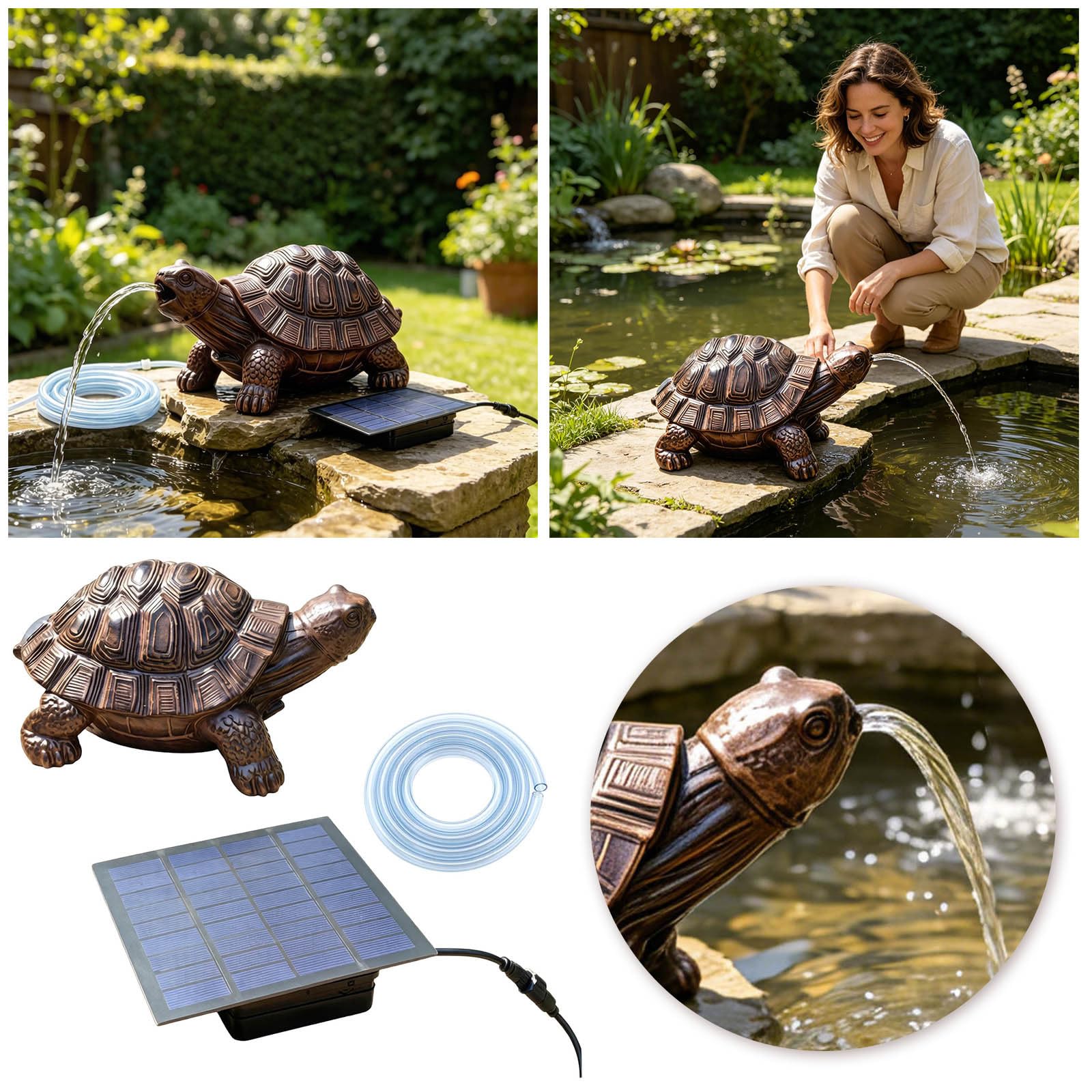 Épuisette de bassin à énergie solaire en résine en forme de tortue - Entraînement pour petits jardins avec décoration de jeu d'eau (gris, 17,5 x 13,5 x 29,5 cm)