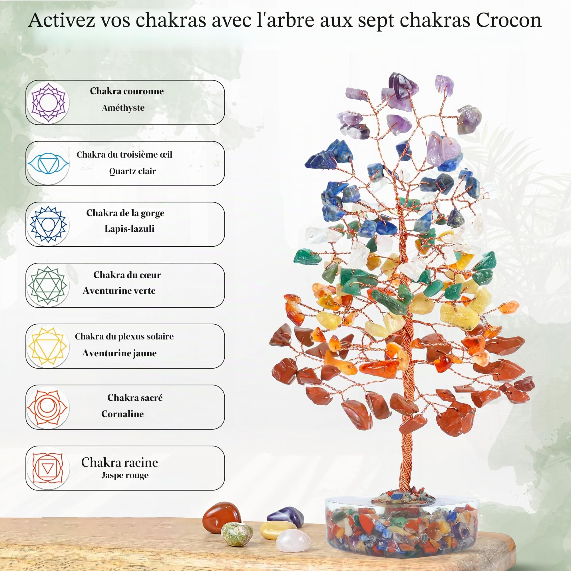 Crocon Arbre en Cristal, Cadeaux d'anniversaire Porte-Bonheur pour Femmes et Mamans, Base en cœur, Pierres et Cristaux de guérison des 7 Chakras, décoration Feng Shui pour la Maison et Le Bureau