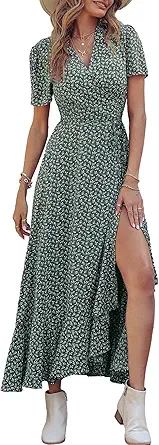 PRETTYGARDEN Women's Summer Maxi Dress Casual Wrap Floral Boho Short Sleeve V Neck Split Ruffle Beach Long Dresses