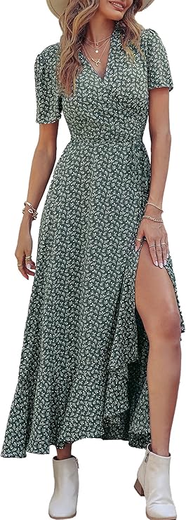 PRETTYGARDEN Women's Summer Maxi Dress Casual Wrap Floral Boho Short Sleeve V Neck Split Ruffle Beach Long Dresses