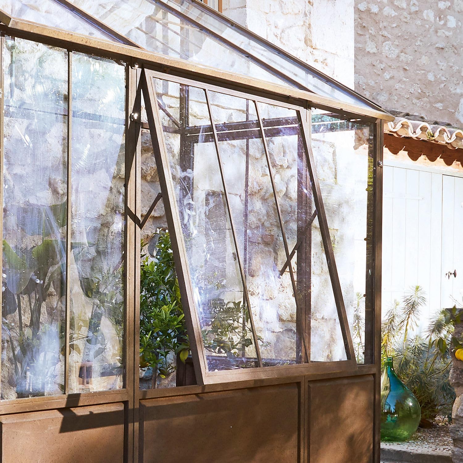 Loberon Gewächshaus Essone - antikbraun | mit Großem Fenster & Seitentüren - Wetterfest & Frostresistent - Authentisches Antik-Design - Gartenzubehör - Outdoor