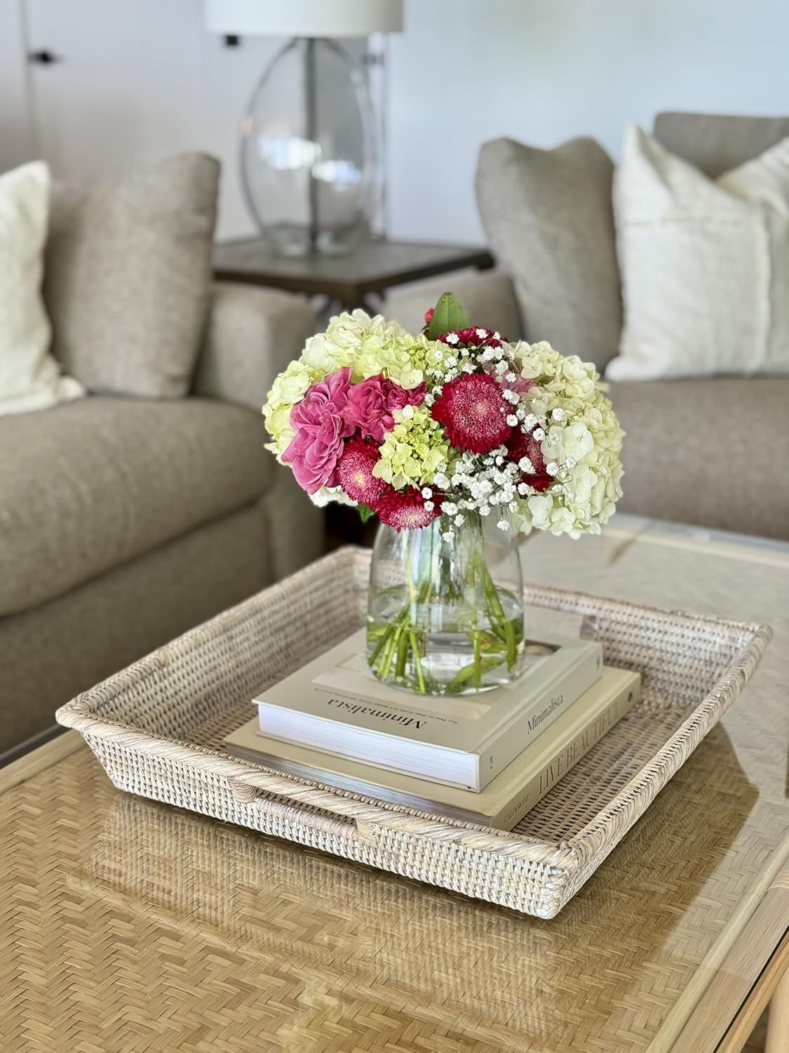 KOUBOO La Jolla Rattan Square Serving Baskets & Trays -Table Tray, Organize Your Home, Storage Tray for Kitchen, Dining & Coffee Tables, White Wash
