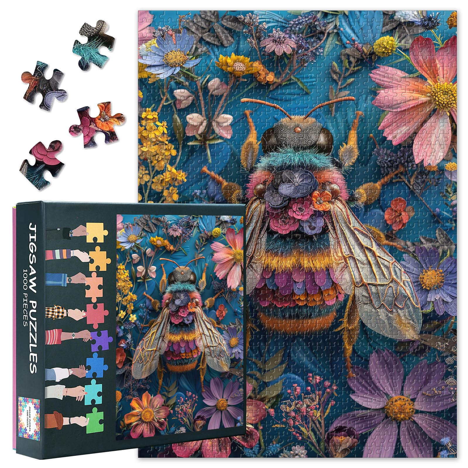 Bee Puzzles for Adults 1000 Pieces, Nature Insect Puzzle as Home Decor, Bee in Neon Flowers Jigsaw Puzzles, Artwork Idea Puzzle for Adults, Smooth Edges Durable Crafts (50.5x70.5cm)