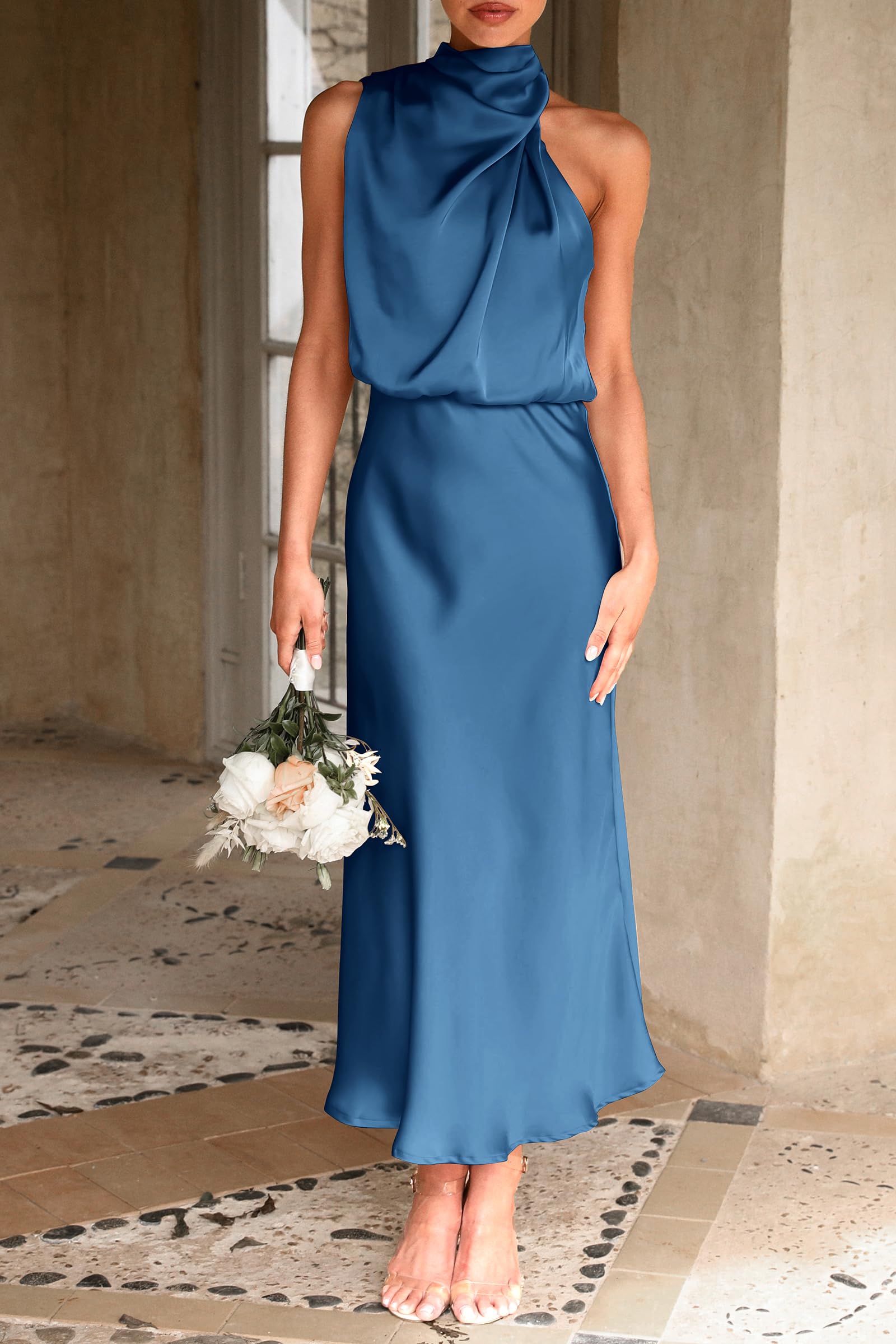 PRETTYGARDEN Women's 2025 Summer Satin Dress Elegant Sleeveless Mock Neck Cocktail Party Maxi Dresses