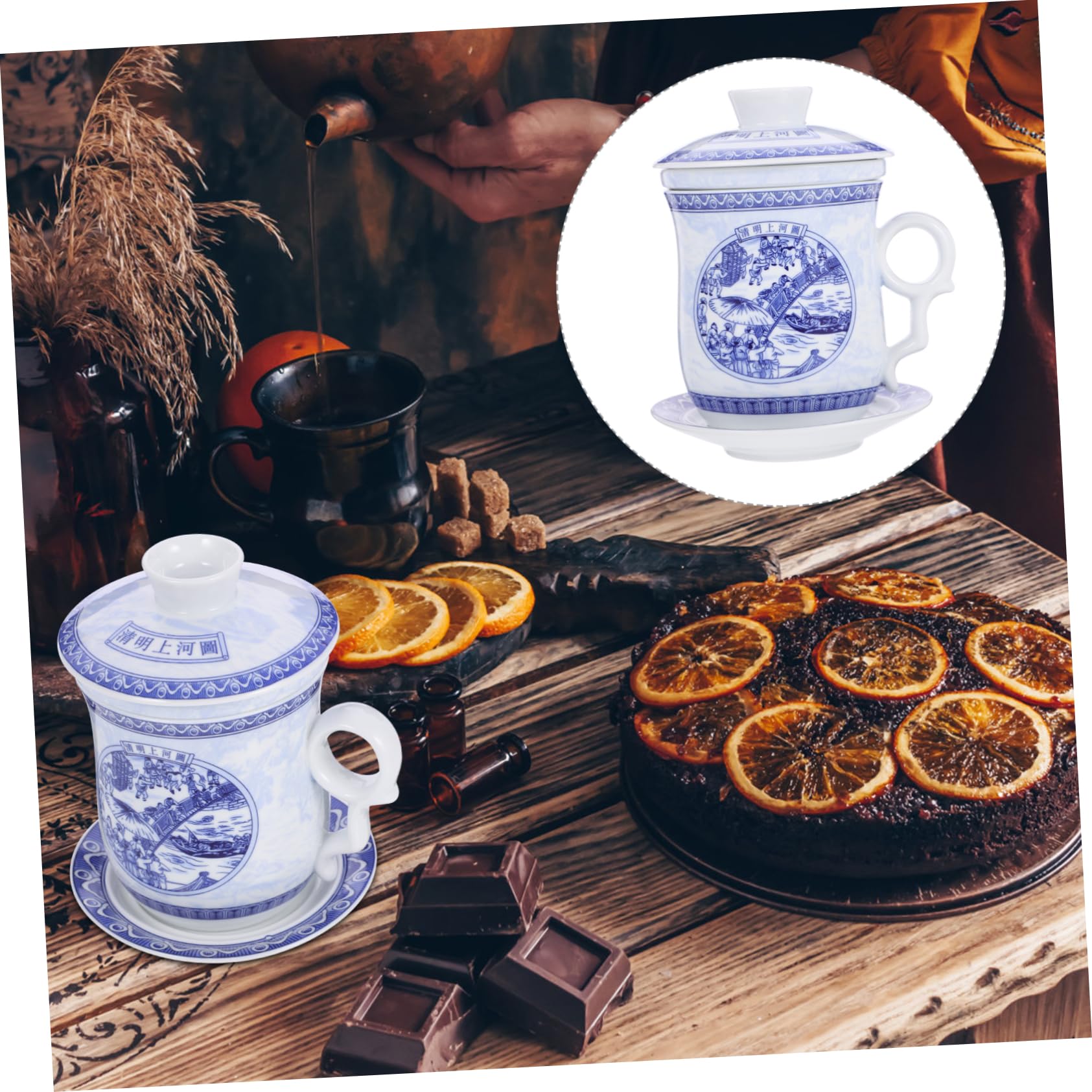 Mobestech Traditionelle Chinesische Teetasse mit Sieb und Deckel Keramikbecher mit Untertasse Chinesisches Teegeschirr mit Klassischem Muster Staubgeschützt für Haushaltsgebrauch und