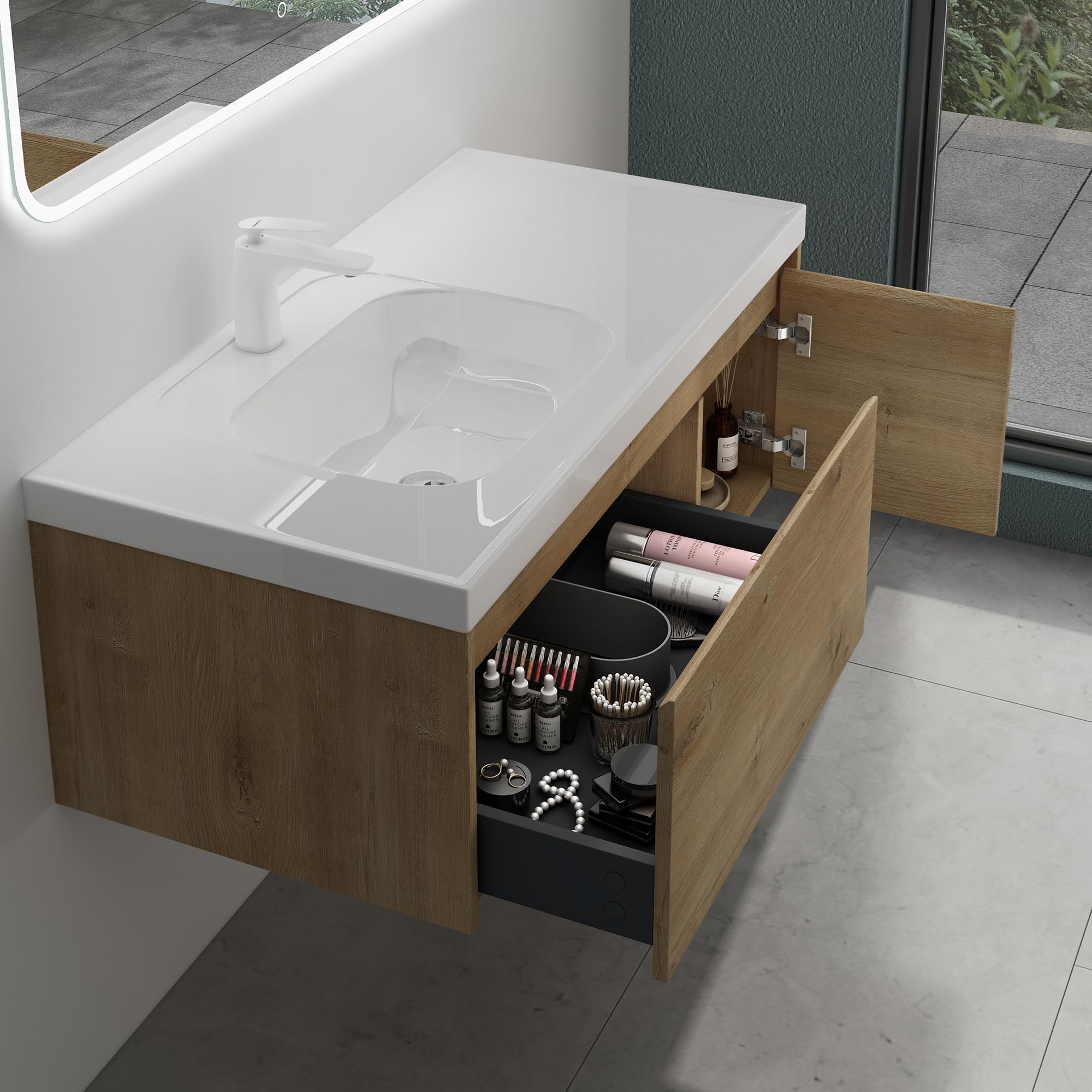 Mai & Mai Meuble de Salle de Bain Marron Clair avec Lavabo Meuble sous Vasque 100x50x40cm Meuble Suspendu avec Tiroir Salerno