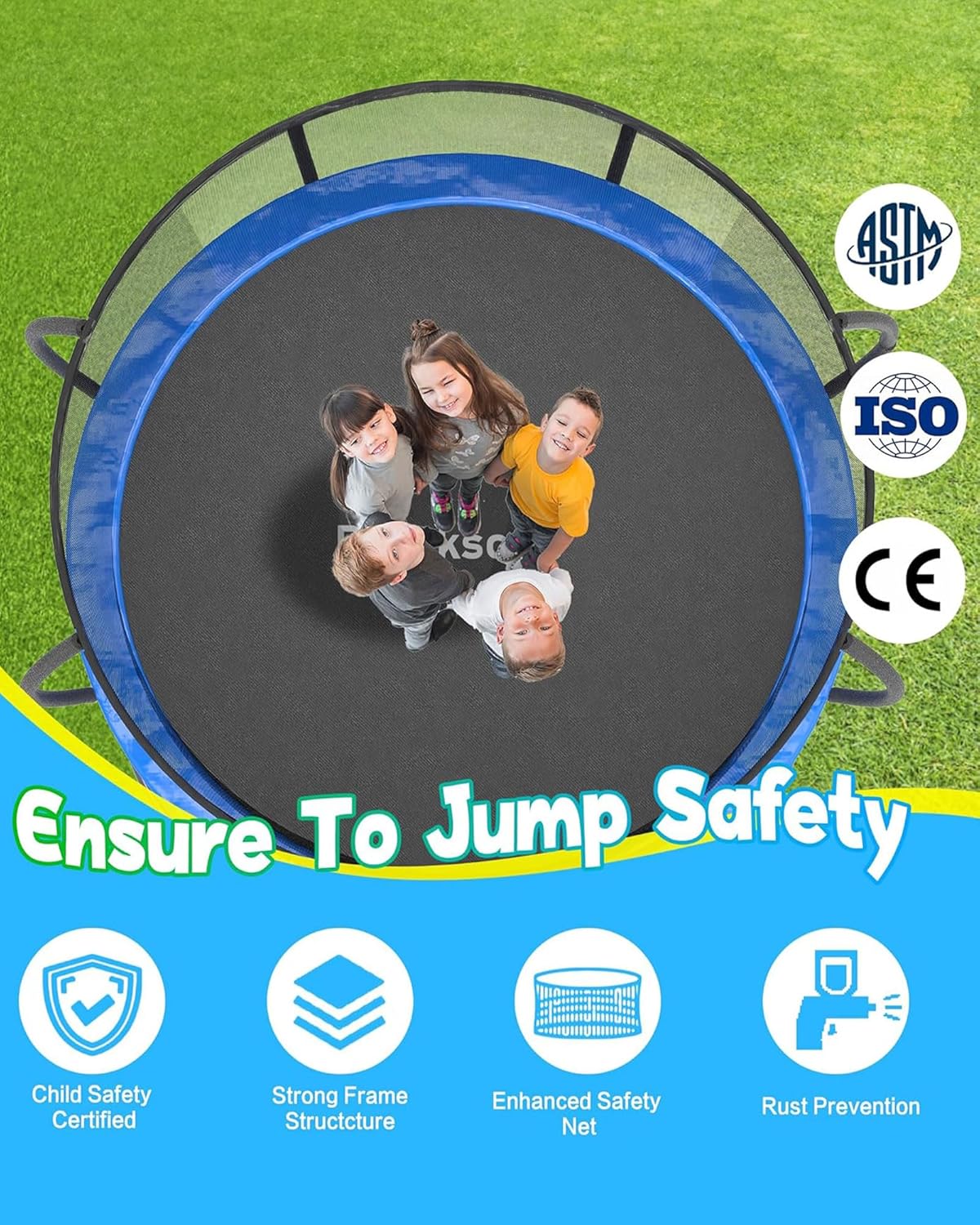 LuckyMoon 12FT Trampoline with Safety Enclosure Net, Ladder & Anti-Rust Frame - ASTM Certified, Springless Design for Kids & Adults, Outdoor Backyard Jumping Mat Black Blue