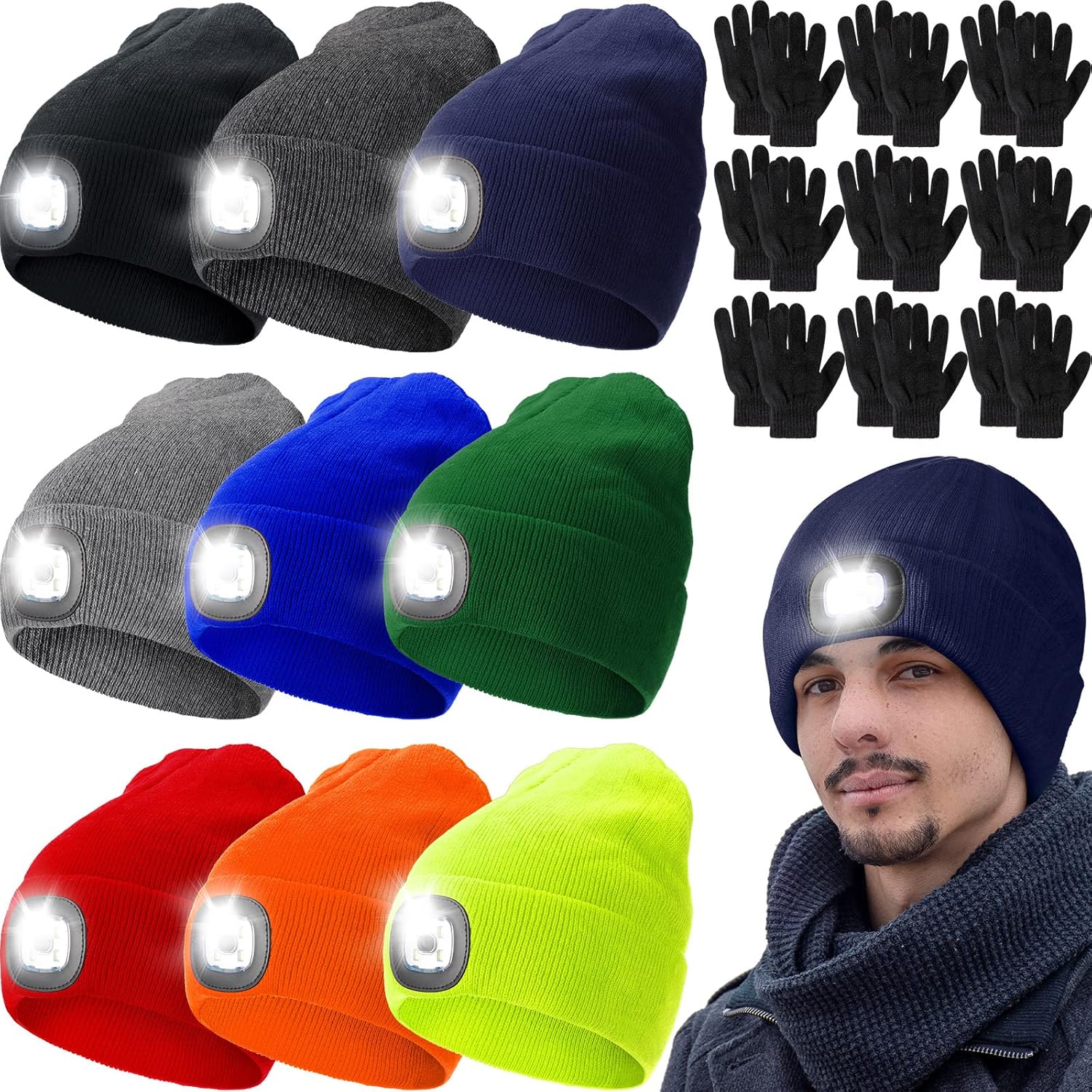 9 Pack Unisex Beanie Hat with the Light and Winter Gloves Beanie with