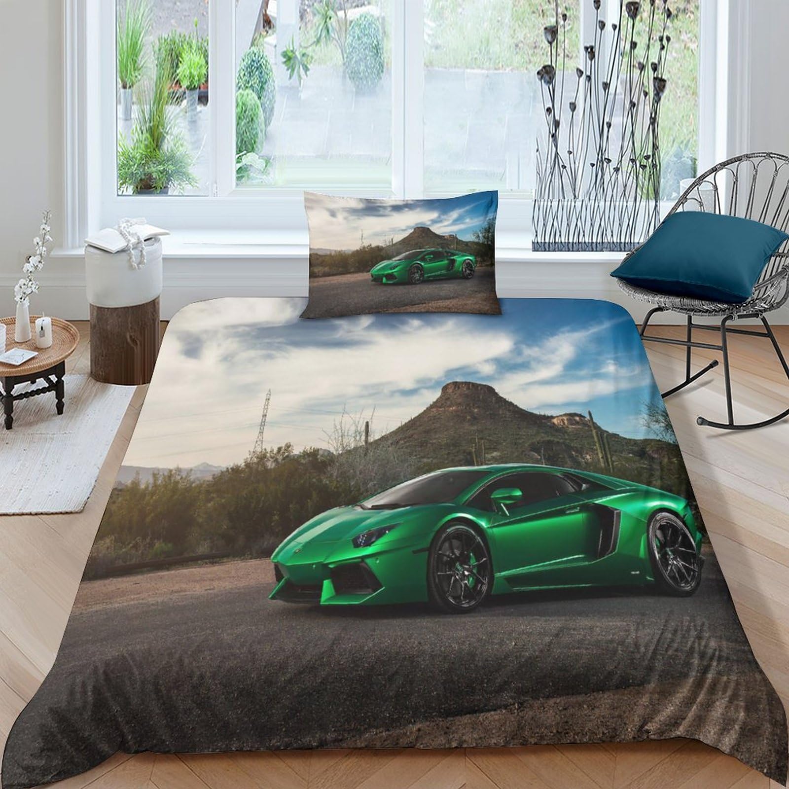 BARDYS Super Car 3D Printed Duvet Cover Set Soft Microfiber Sports Car Quilt Covers Easy Care Bedding Set for Boys Girls Comforter Cover with Pillowcaser，with Zipper Closure Single（135x200cm）