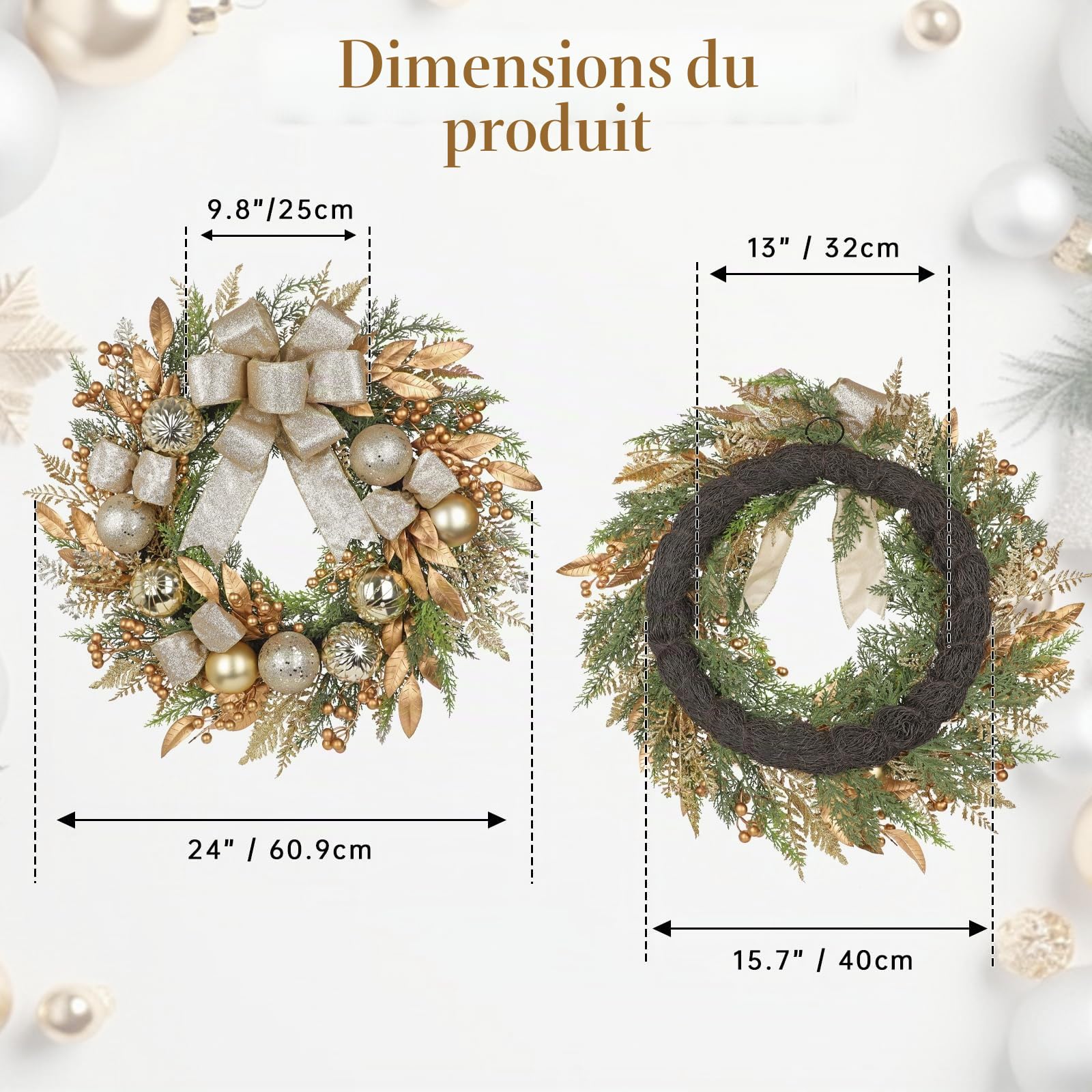 Couronnes de Porte de Noël pour l'Extérieur - Grande Couronne de Noël en Or de 61 cm avec Arc en Soie, Boules, Baies, Feuilles - Couronnes de Noël Artificielles pour Porte d'Entrée, Hiver