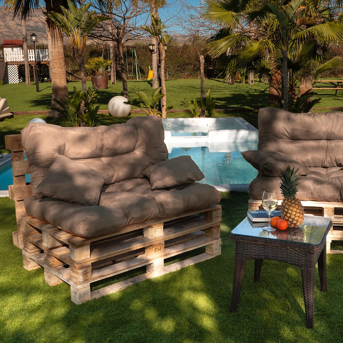 Acomoda Textil - Cojines Sofá Palets. Conjunto 4 Piezas para Palet, Asiento 120x80 cm + Respaldo + 2 Cojines. Cojín Cómodo y Elegante para Interior y Exterior. NO Incluye PALETS. (Arena)