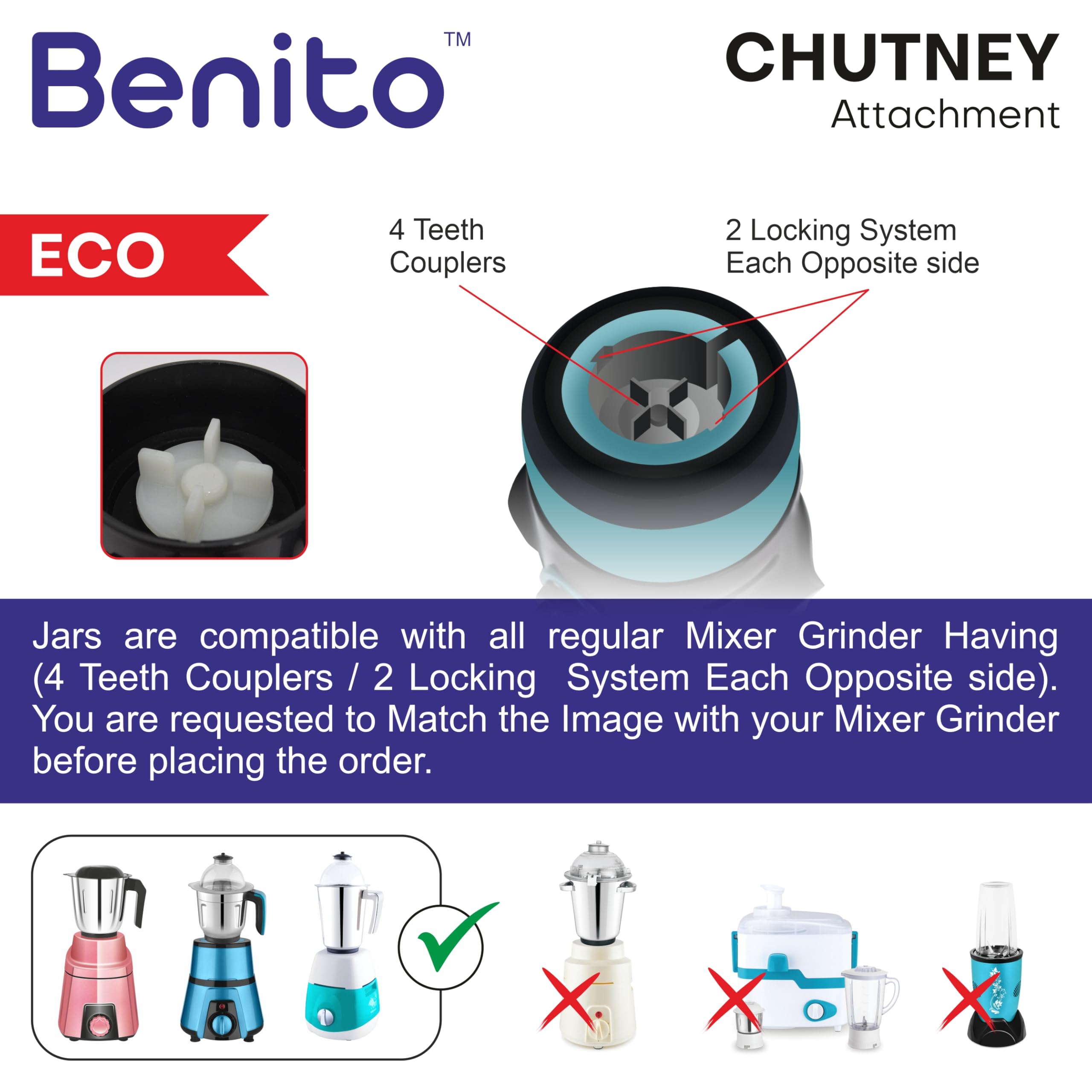 Benito ECO Stainless Steel Chutney Jar(400ml) for Mixer Grinder – Compatible with 4-Teeth Coupler & Dual Locking System — Amazon image 5