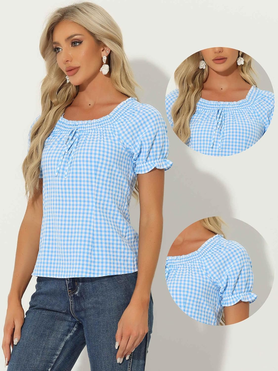 Allegra K Summer Gingham Tops for Women's Plaid Peasant Round Neck Ruffles Cute Puff Sleeve Tops - Image 4
