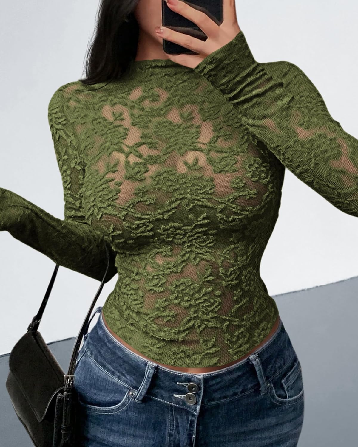 BTFBM Mesh Long Sleeve Tops for Women Lace Sexy Sheer Tight See Through Crew Neck Spring Fall 2026 Party Club Outfits - Image 5