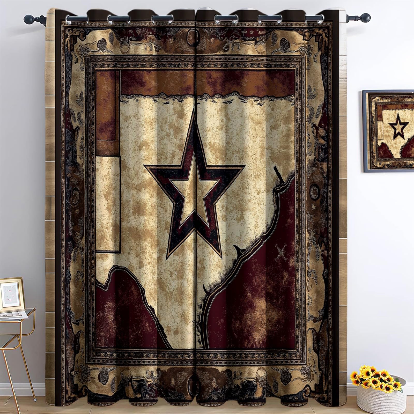 Cortinas Marrón Oscuro con Ollaos Ventana Aislantes 3D Estampado Estrellas Retro de Vaqueros del Oeste Motivos - Salón Opacas Aislantes Térmicas Cortinas Ventanas 140An x 260Al cm (2 Paneles)