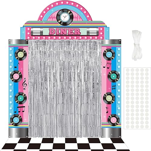 VitalCozy 7 piezas de decoraciones de fiesta de los años 50 retro de los años 50, pancartas de fiesta de comedor negro y blanco, alfombra de cuadros