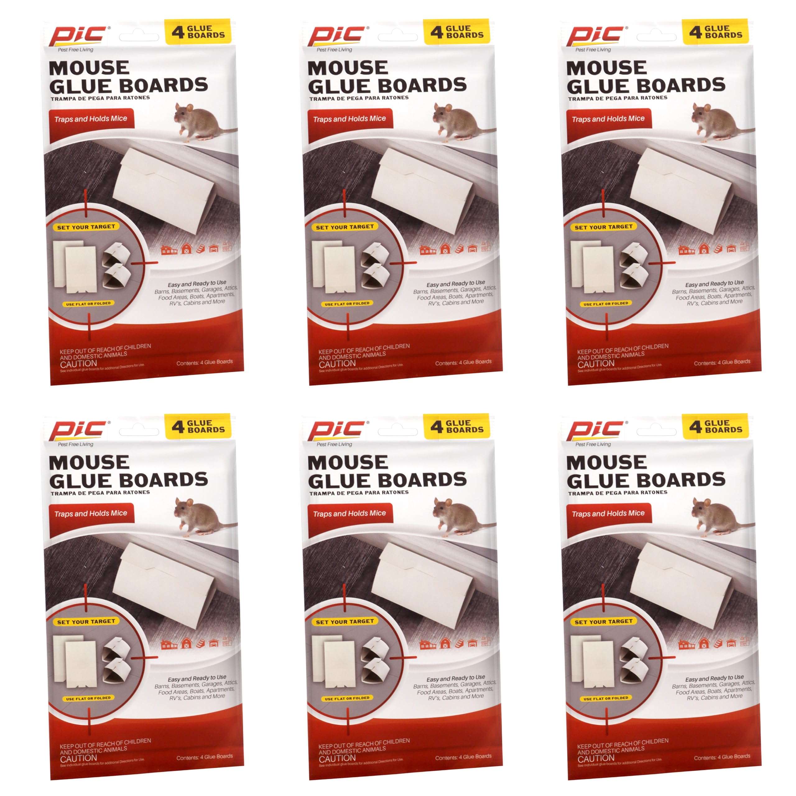 PIC Super Strong Glue Mouse Traps, 6 Pack (24 Traps Total), Quick & Easy to Use, No-Mess, No Poison Disposable Indoor & Outdoor Sticky Rodent Catcher