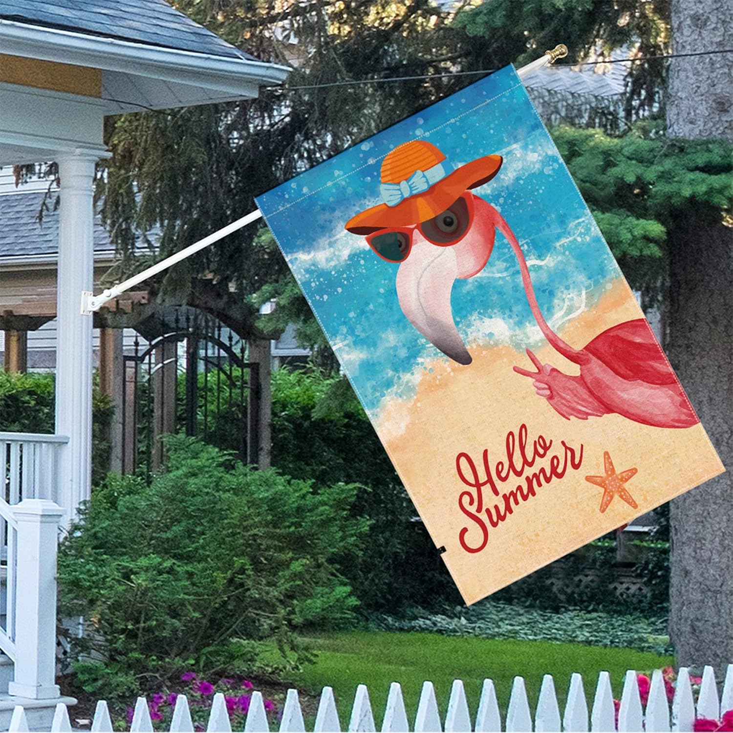 pinata Cool Hello Summer Flamingo Flags 28 x 40 Double Sided, Funny Welcome Large Garden Flags Summer Yard Flag Beach Pink Flamingo Decor Gifts, Seasonal Burlap Outdoor House Flag