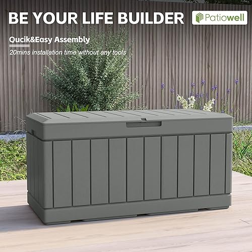 Miniatura 7 de Patiowell Caja de cubierta de resina de 82 galones, caja de almacenamiento grande impermeable con aspecto de madera para muebles de patio,