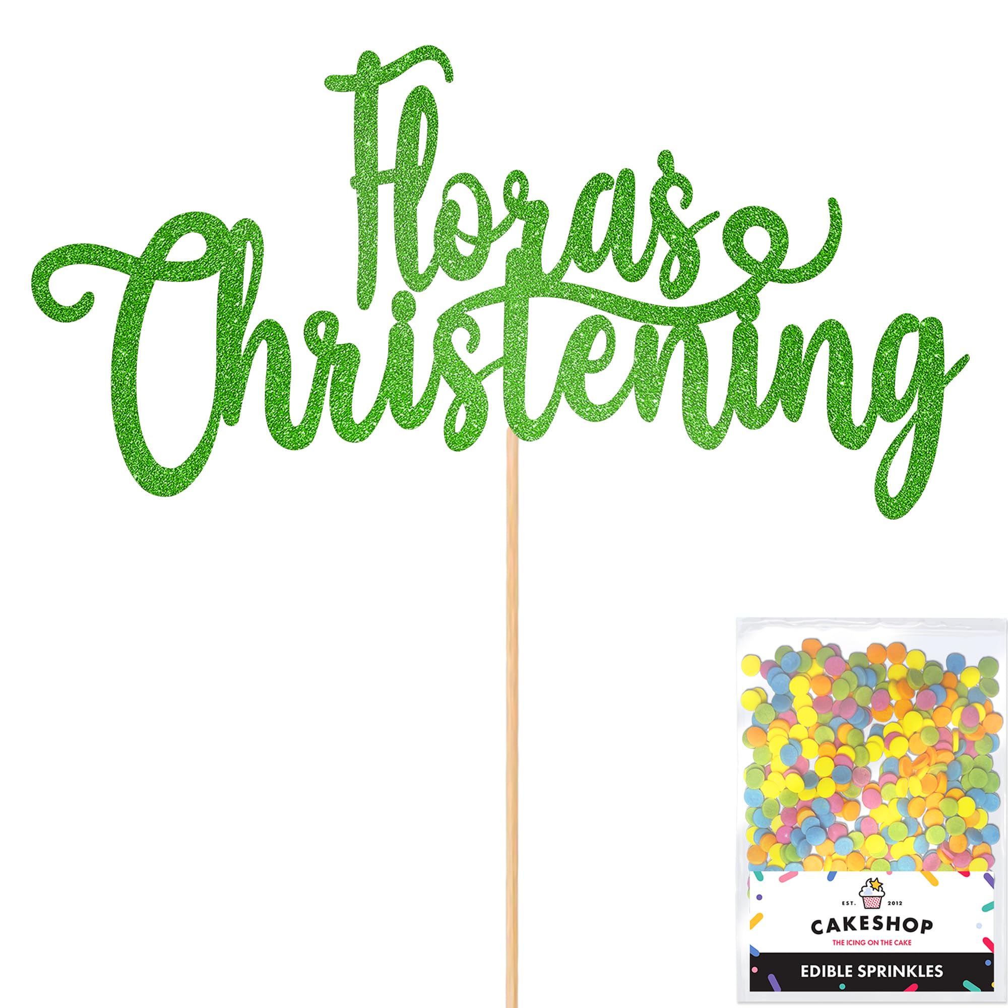 Cakeshop Personalised Christening Glitter Cake Topper With Sprinkles - Green Custom Colour - Any Name - Double-Sided Glitter Card Cake Decoration - Custom Toppers for Cakes