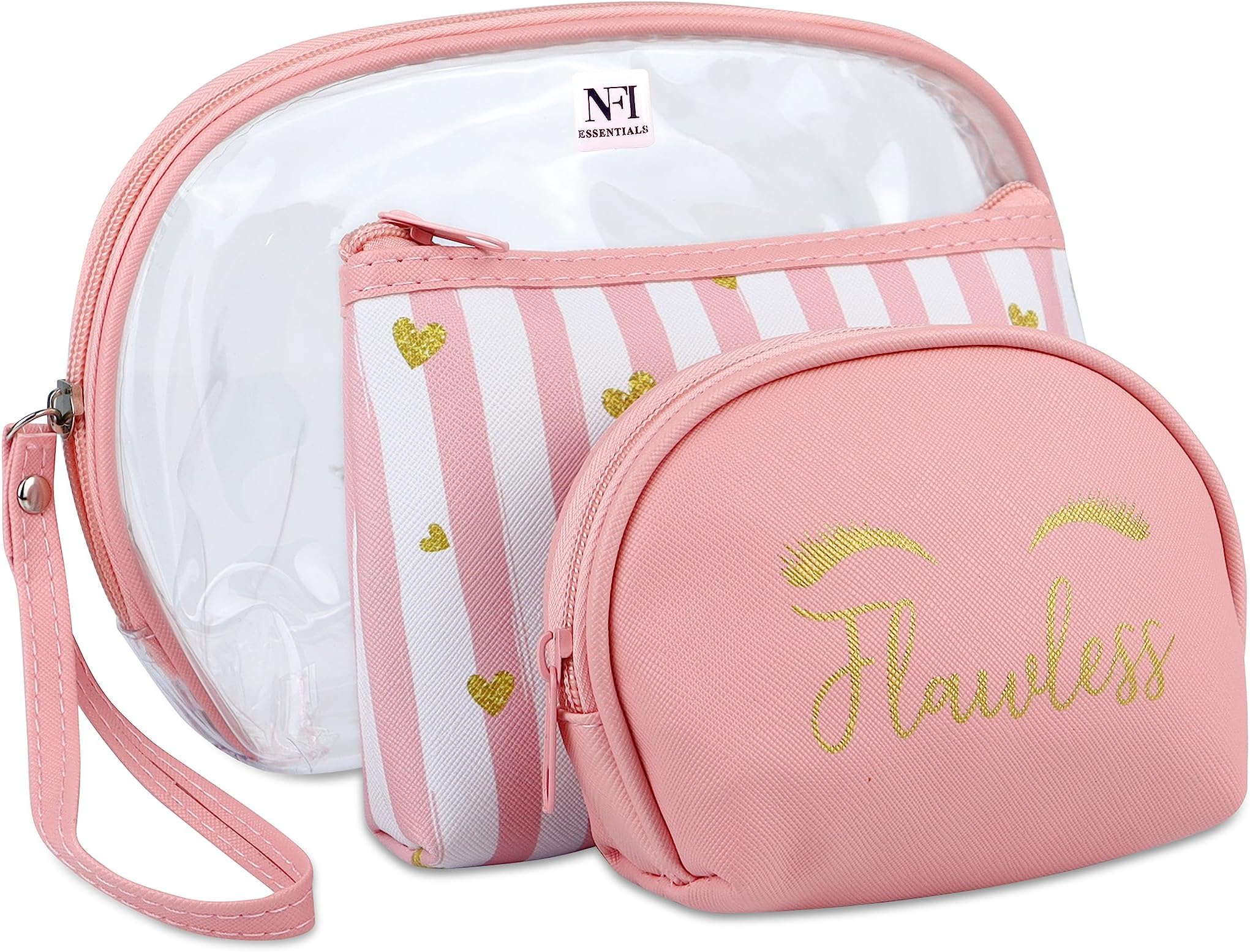 NFI essentials 3 Pcs. Cosmetic Pouch Makeup Pouch Semi-Circle Vanity Bag Travel Organizer Toiletry Pouch for Women Zippered Pouch Set, Large, Medium, Small (Pink)