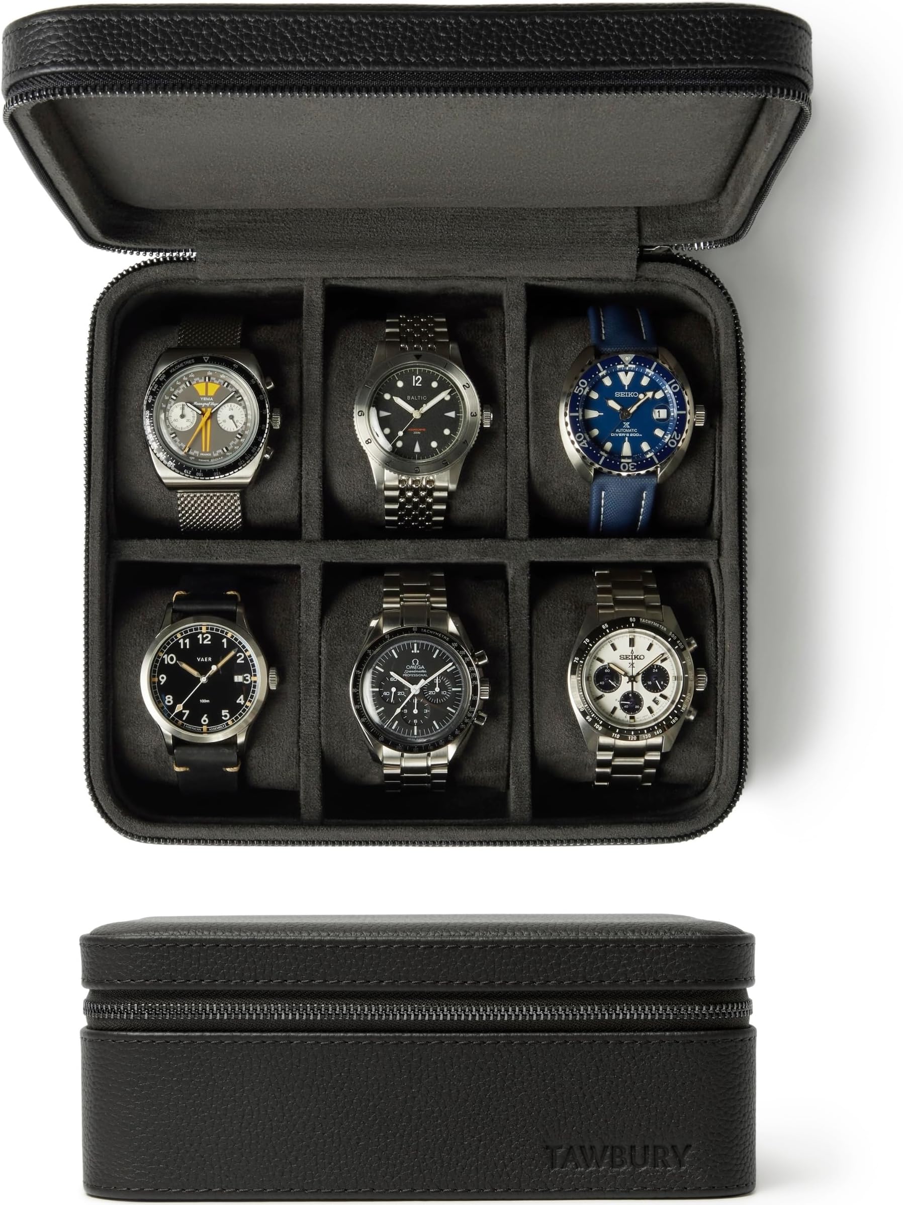 TAWBURY 6 Slot Leather Watch Case - Handcrafted from Genuine Top-Grain Leather | Portable Watch Storage for Home & Travel (Black)
