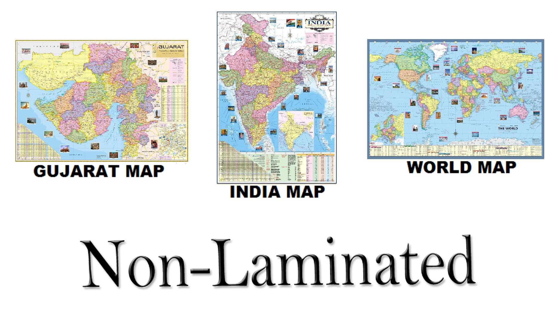 Gujarat Map, India Map And World Map, All Three Map Size : 100X70 Centimeter (40"X28" Inch). With Important Fact And Figure. Ideal Map For Aspirant Of Upsc,Pcs,Ssc,Railway Exam Unknown Binding