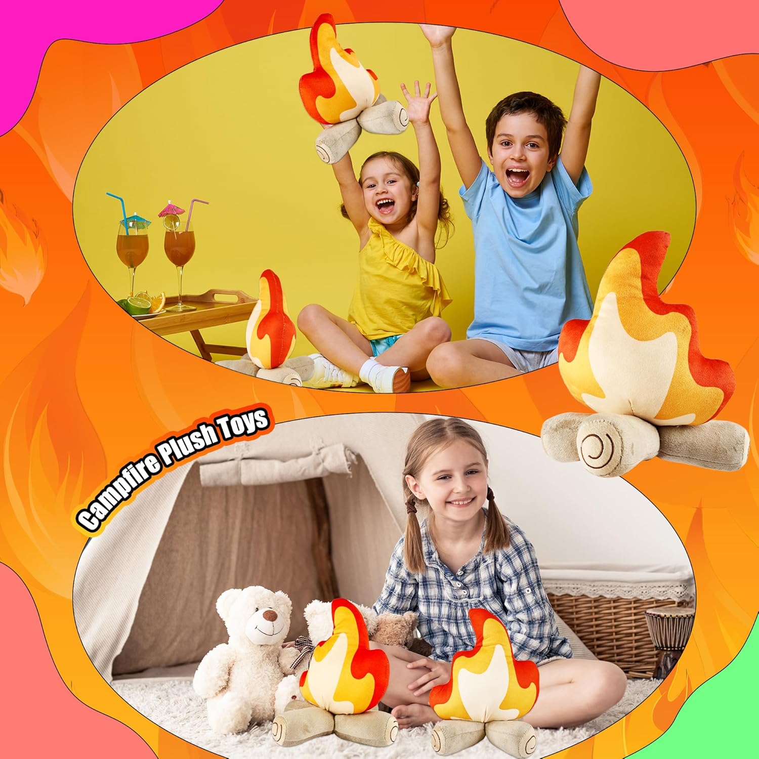 3 Pcs Plush Campfire Toys Stuffed Fire Decor Campfire Pillow Fake Fire Camping Room Decor for Outdoor Camping Home Decoration Birthday Gifts