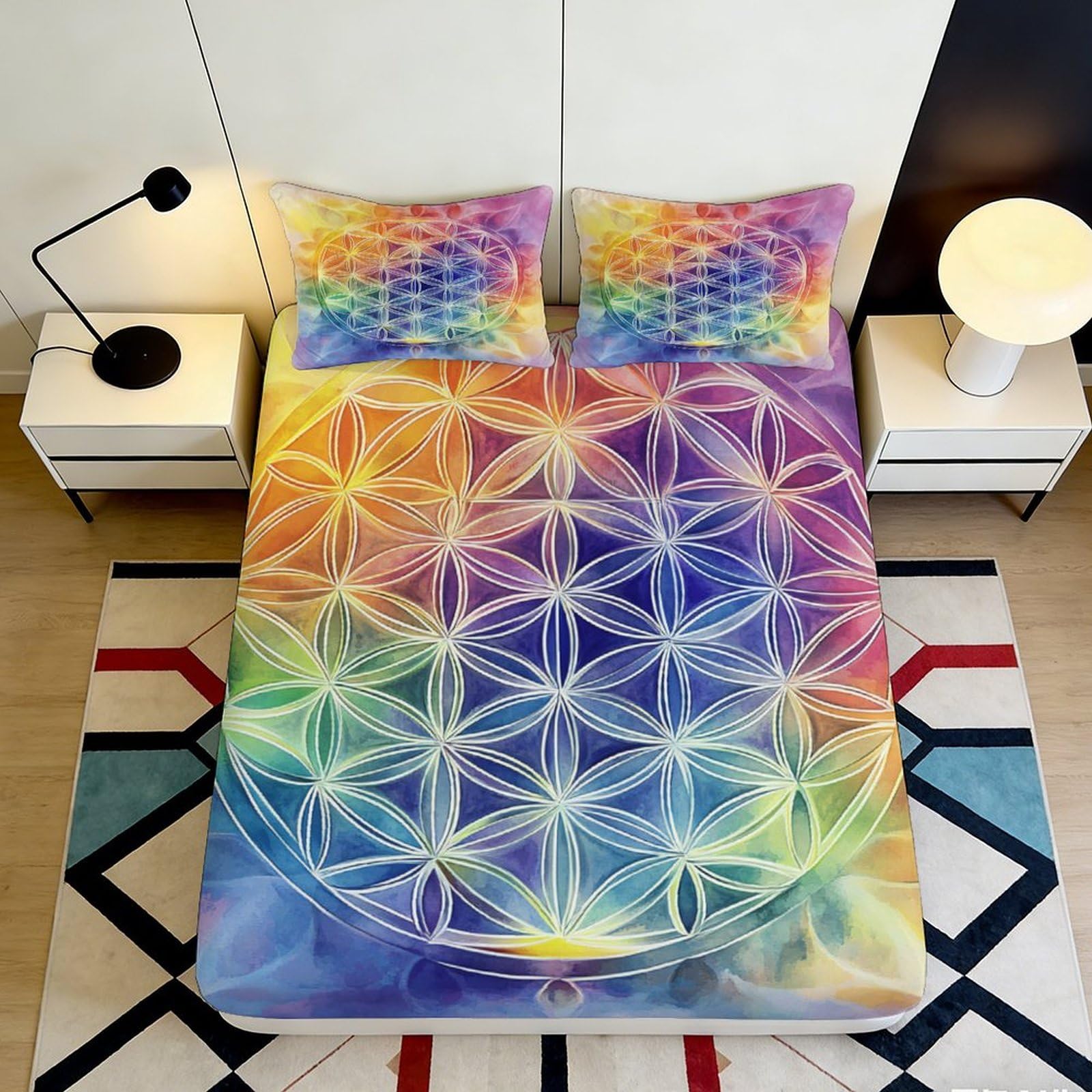 Pnayamiorkfel Style-1 3D Printed Rainbow Flower Fitted Sheet Microfiber Vibrant Mandala Bed Cover For Bedroom Guest Room Decor 90X200x25cm