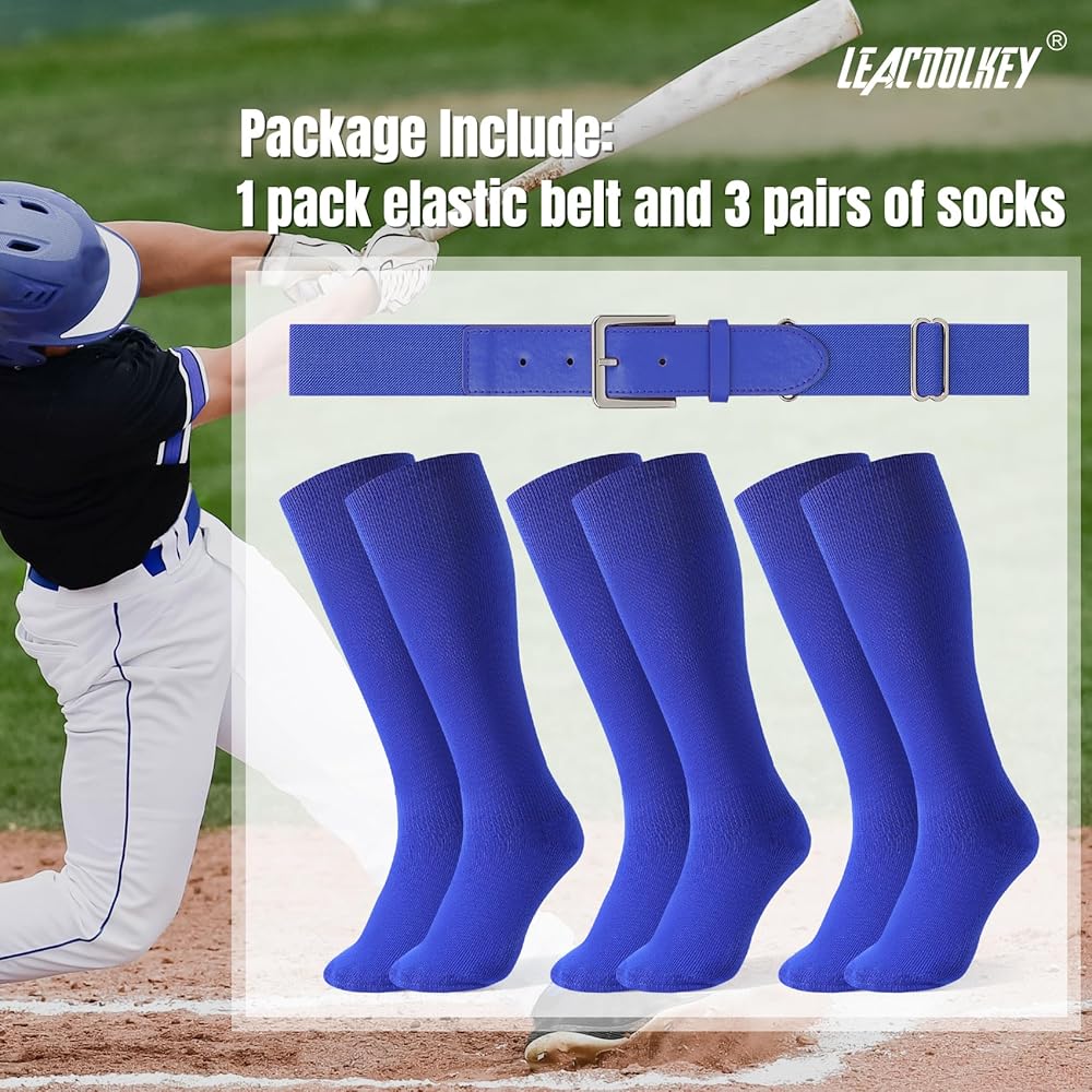 LEACOOLKEY Baseball Belt and Socks Combo Set 3 Pairs of Softball