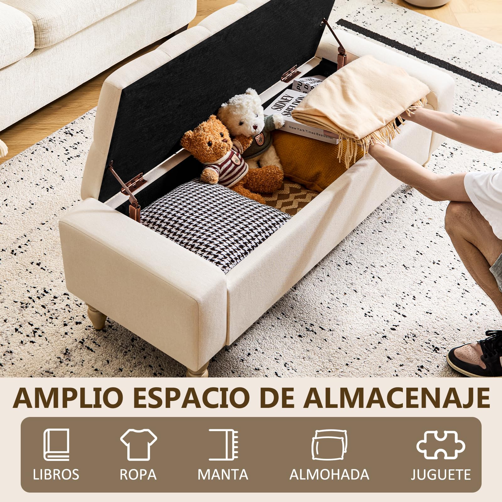 Hellove Banco de Almacenaje con Patas de Madera, 120x45x43 cm, Puff Tapizado con Botones en Tela de Lino, Sin Brazos, Banc Coffre para Salón, Dormitorio o Pie de Cama, Pasillo, de Carga 150 KG Beige