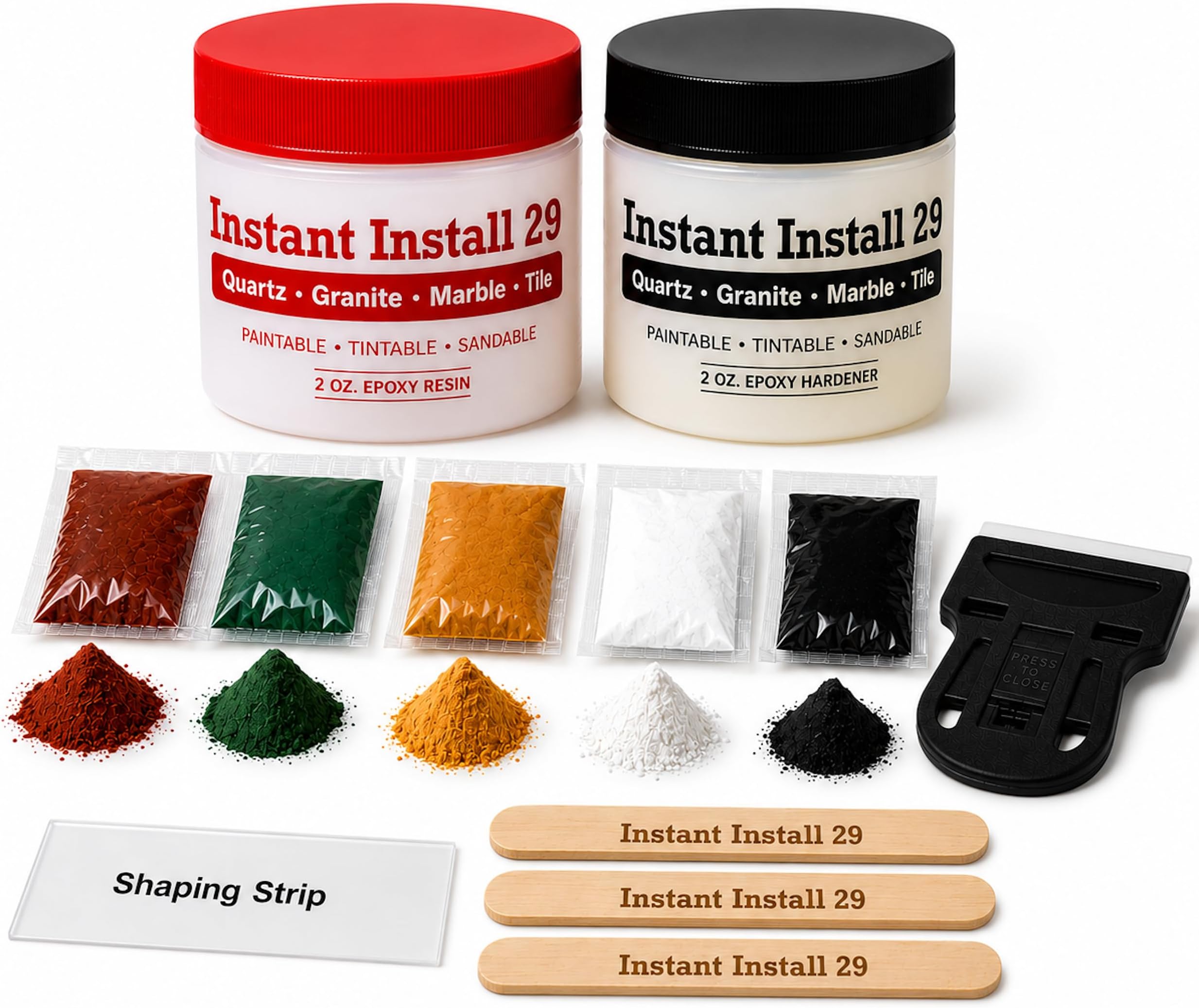 Instant Install 29 Complete - 4 oz Epoxy Permanent Repair Kit with EZ-Tint 10 g 5-Pack, Mixing Sticks, Razor, & Shaping Strip - Granite, Marble, & Tile - Rebonds & Rebuilds - Dry in 29 Minutes