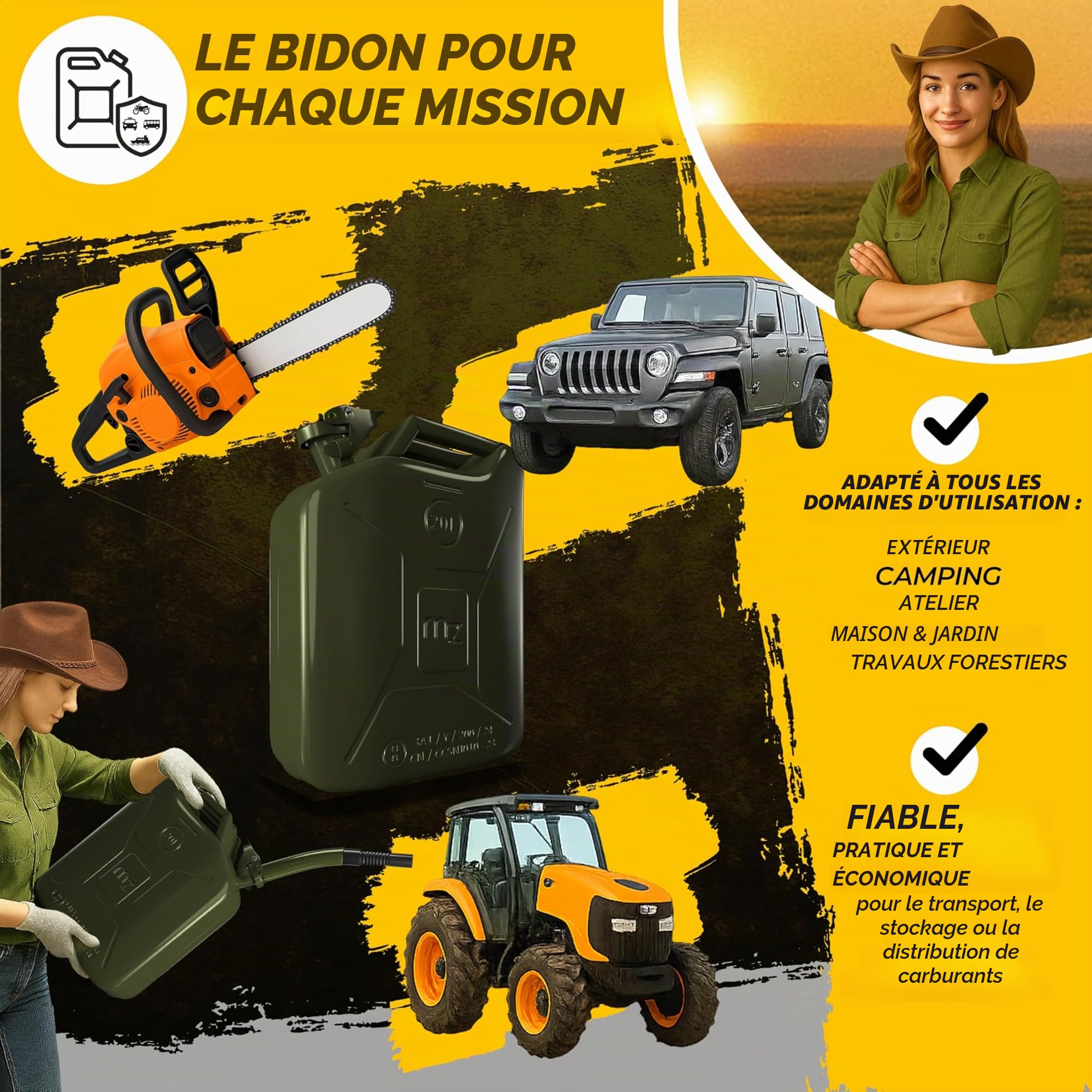 MONZANA® 3x Jerrican essence 20L métal bec verseur homologation ONU transport liquide diesel essence voiture huile moto bidon récipient