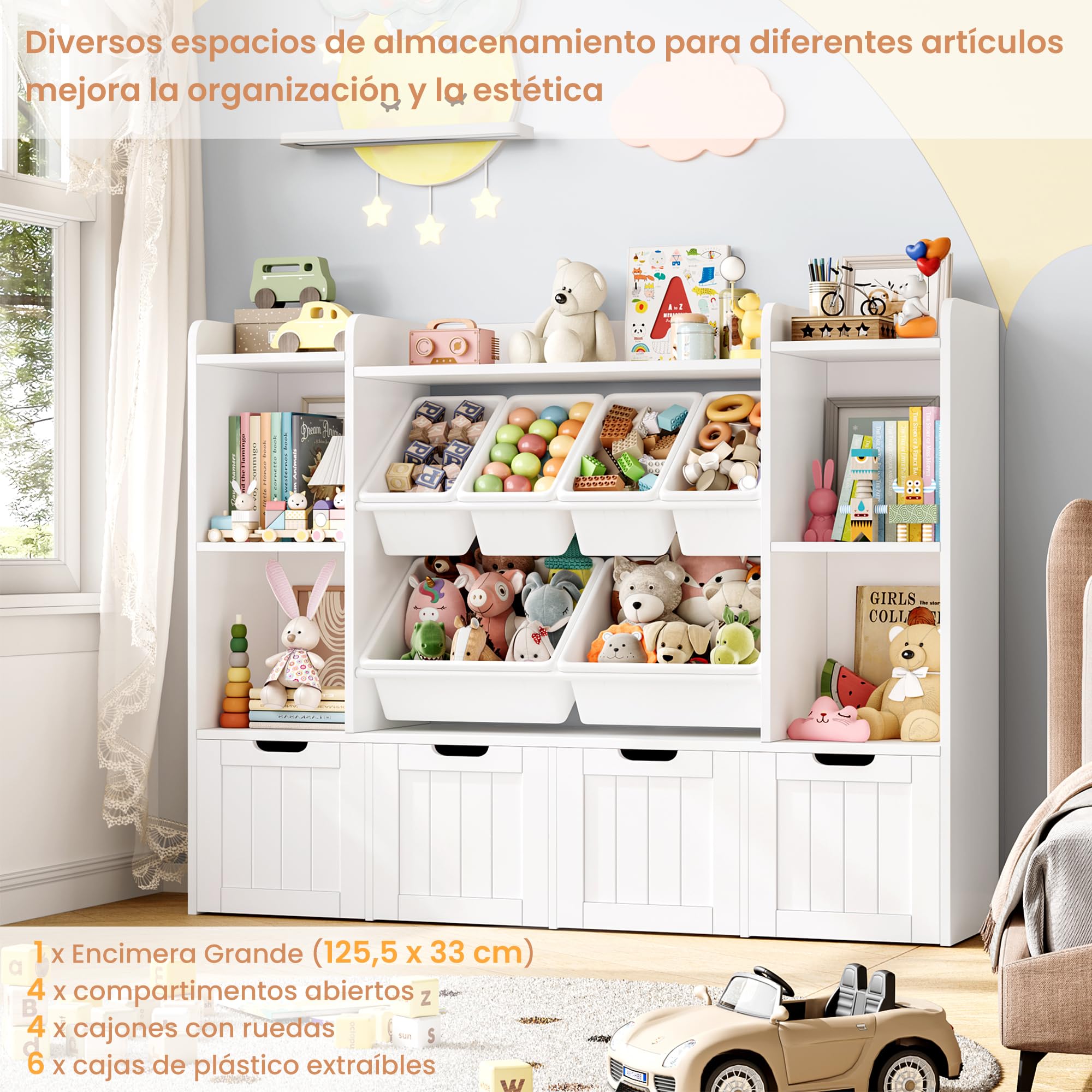 FOREHILL Mueble Organizador Juguetes, Mueble Almacenaje Juguetes, Estanteria Montessori, Organizador de Juguetes Infantil, Estanteria Infantil, 4 Cajones con Ruedas, 6 Cajas, Blanco, 140x30x106cm