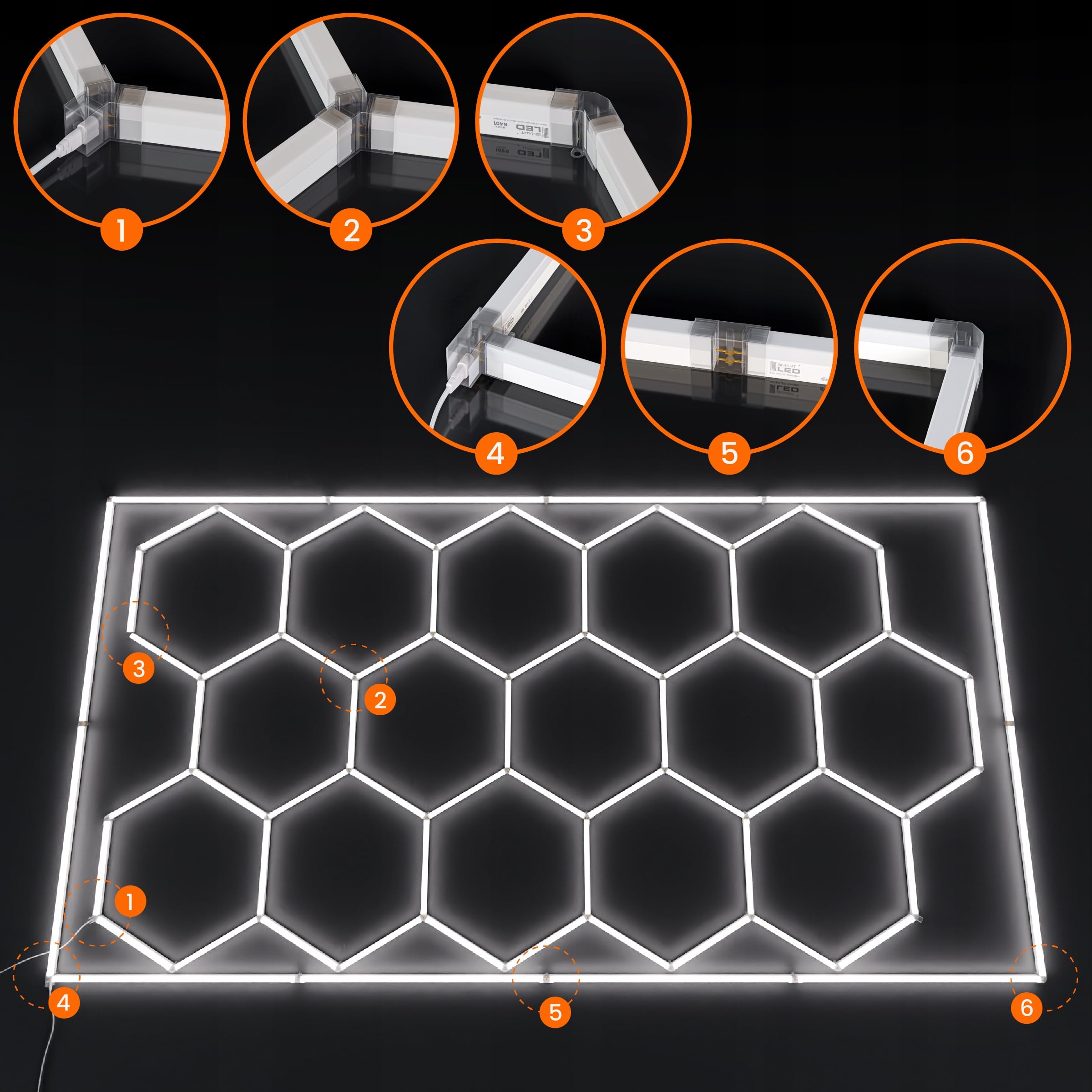 Garagenlampe Hexagon LED 484x243 cm – 15er Set Werkstattbeleuchtung 696W 6500K Kaltweiß – 115LM/W – IP54 – Flimmerfrei – CRI>90 – LED Panel Lichtsystem für Garage, Studio, Detailing, Büro